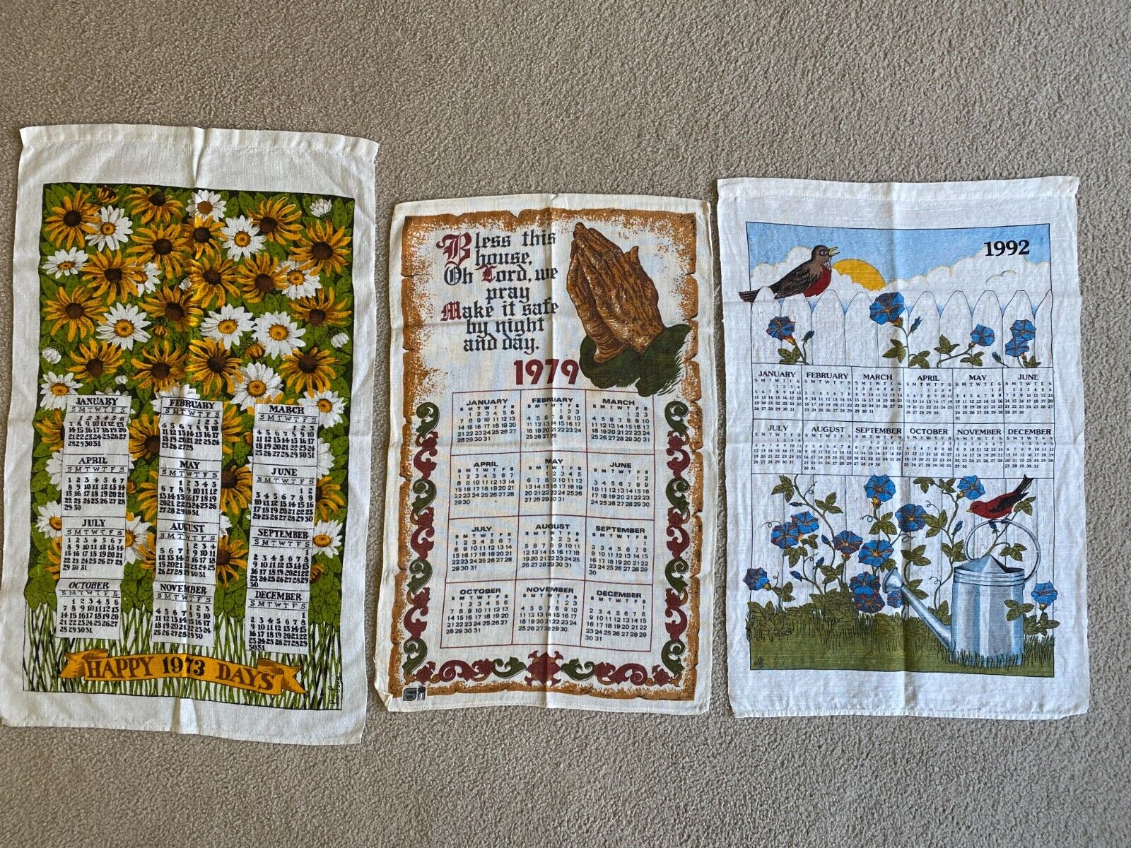 Lot of 3 Vintage Linen & Cotton Cloth Calendar Tea Towels 1973, 1979, 1992