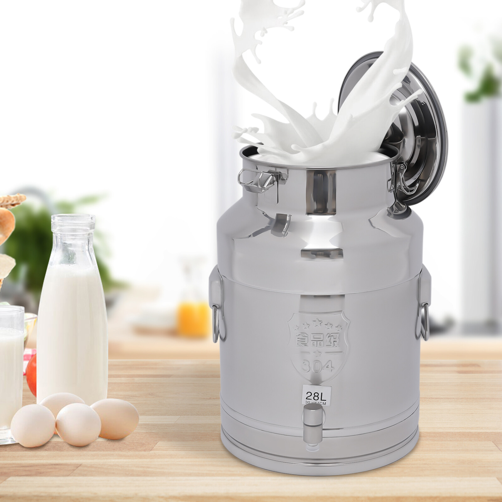 Stainless Steel Milk Can Wine Pail Boiler Tote Jug Lid 28L/7.4Gallon With Faucet