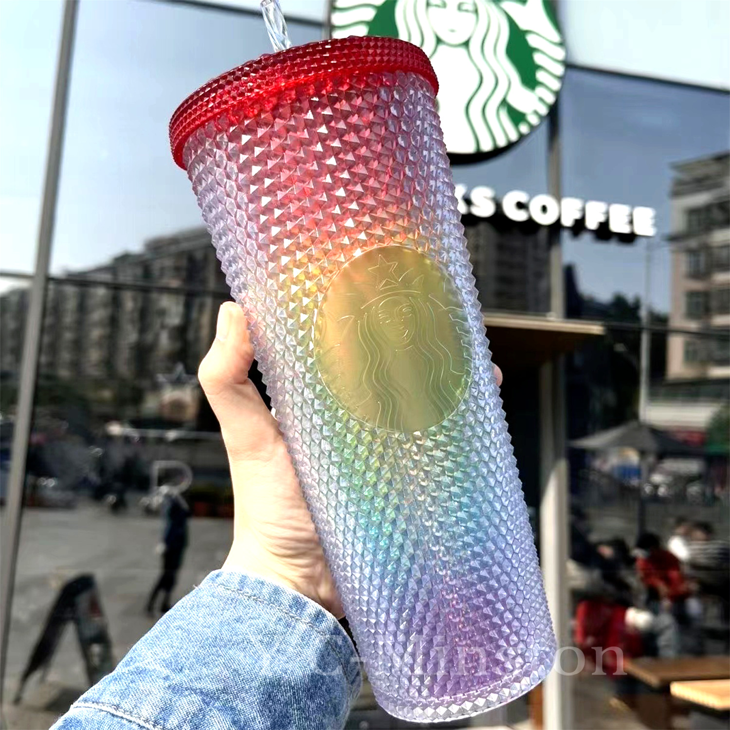 Starbucks Rainbow Diamond Studded Tumbler Cup 24oz 710ml Cold Drink Beverage CN.