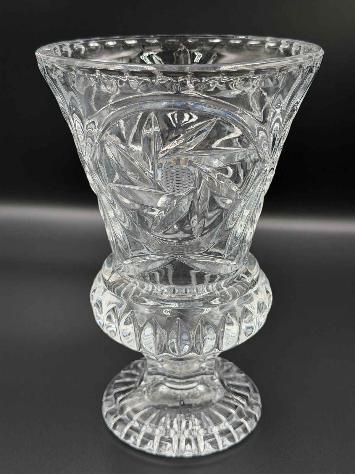 Vintage Footed Crystal Vase Featuring A Pressed Pinwheel Design 8.5 Vintage Footed Crystal Vase Featuring A Pressed Pinwheel Design 8.5