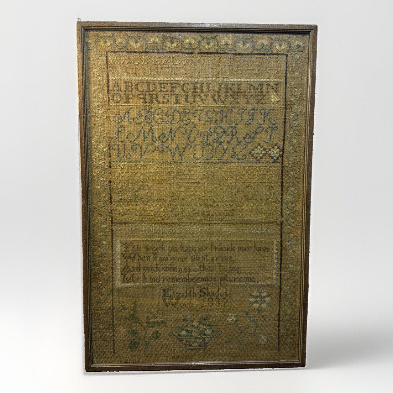 Antique 1832 Elizabeth Shades Needlework Alphabet English Sampler Framed 15”x23”