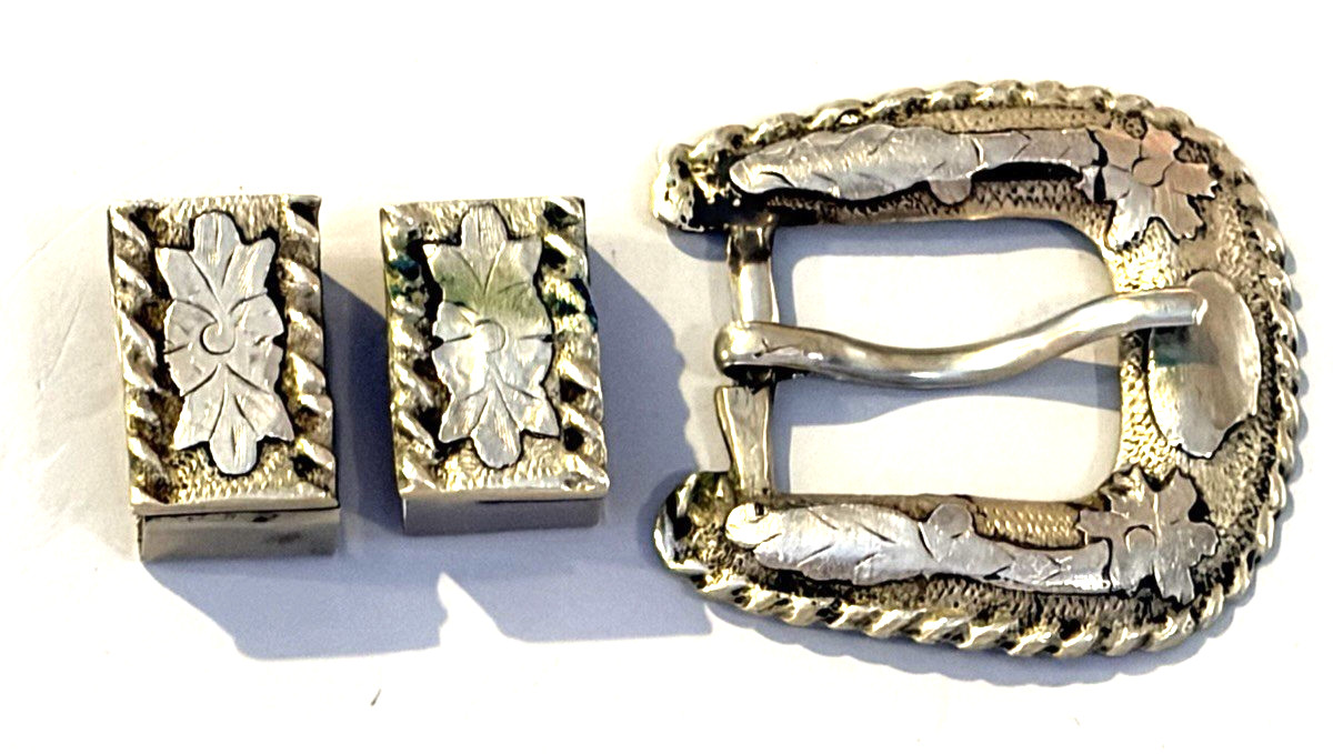 950 STERLING Silver RANGER BELT BUCKLE Mexico 1940\'s Vintage Ornate 3-Pc Set