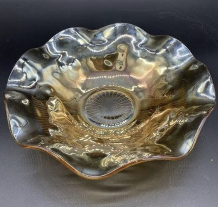 1950s Jeannette Glass Co Floragold Louisa Marigold Iridescent Large Bowl Ruffled