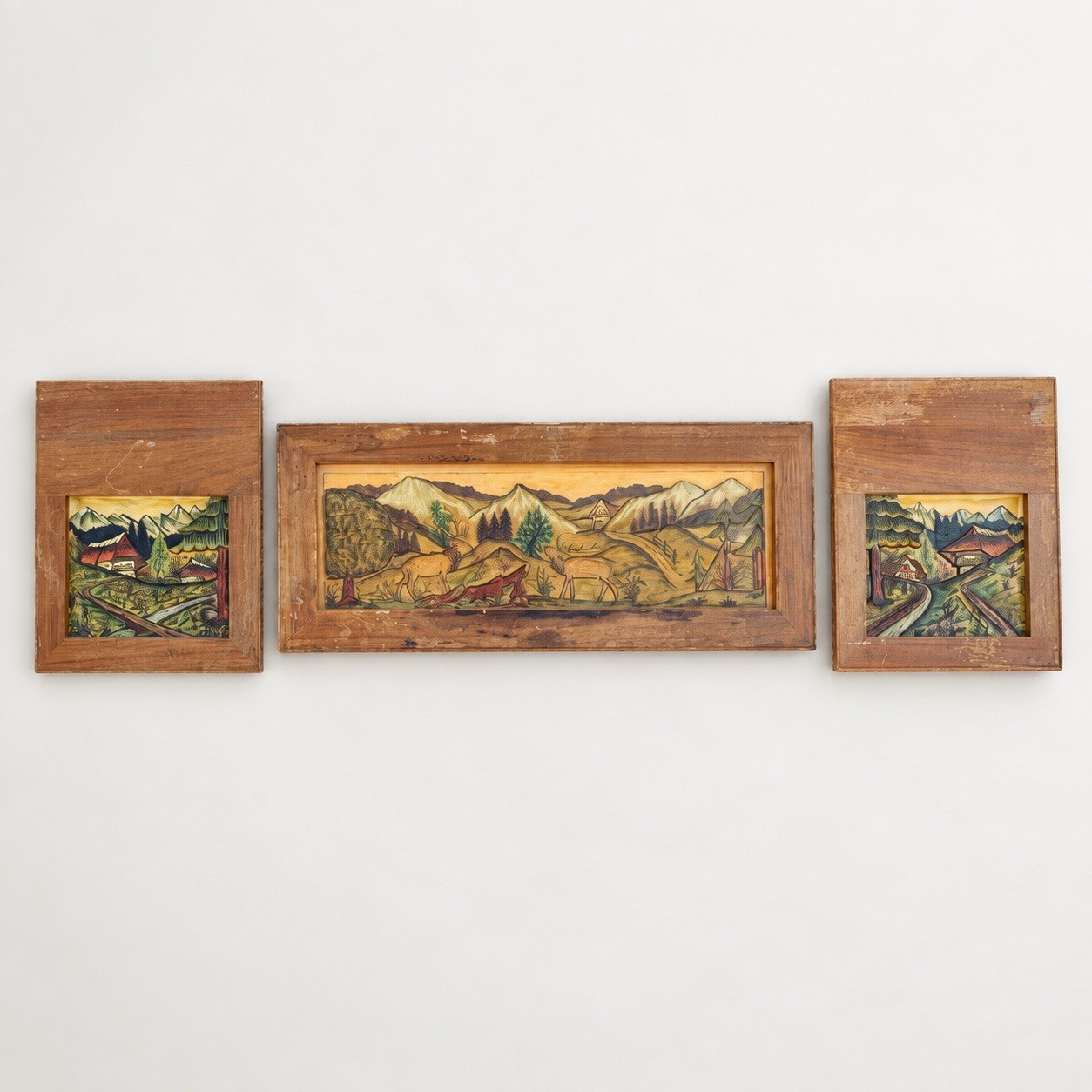 Huge Vintage 3 Pc Alpine Hand Carved Wood Wall Plaque Set Deer Mountain Scene