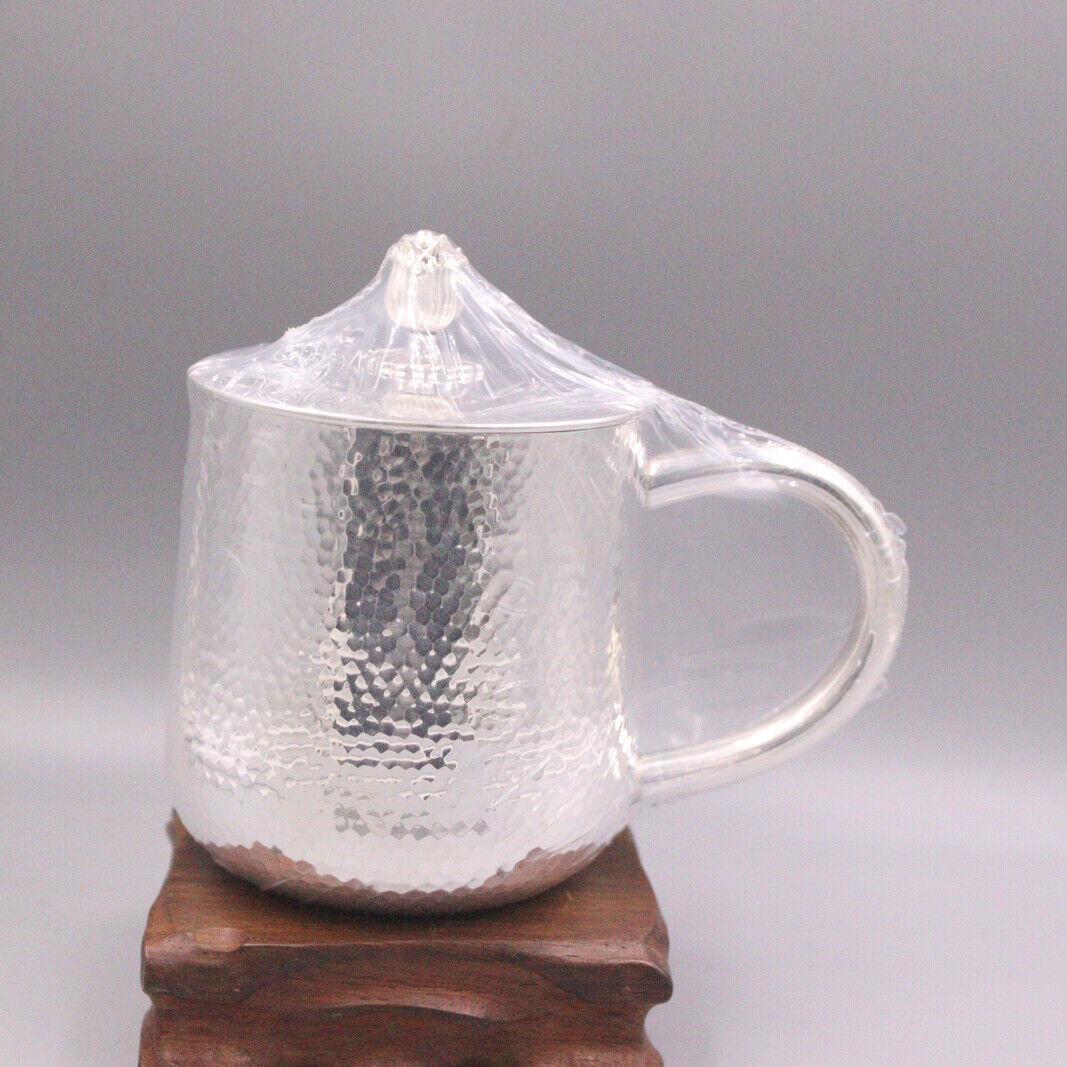 Fine 999 Pure Silver Mug Handmade Hammertone Finishes Lid Tea Cup Medinum Mugs