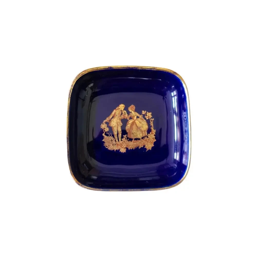 VTG Limoges Castel CobaltBlue Gold Fragonard CourtingSquare Trinket Pin Dish