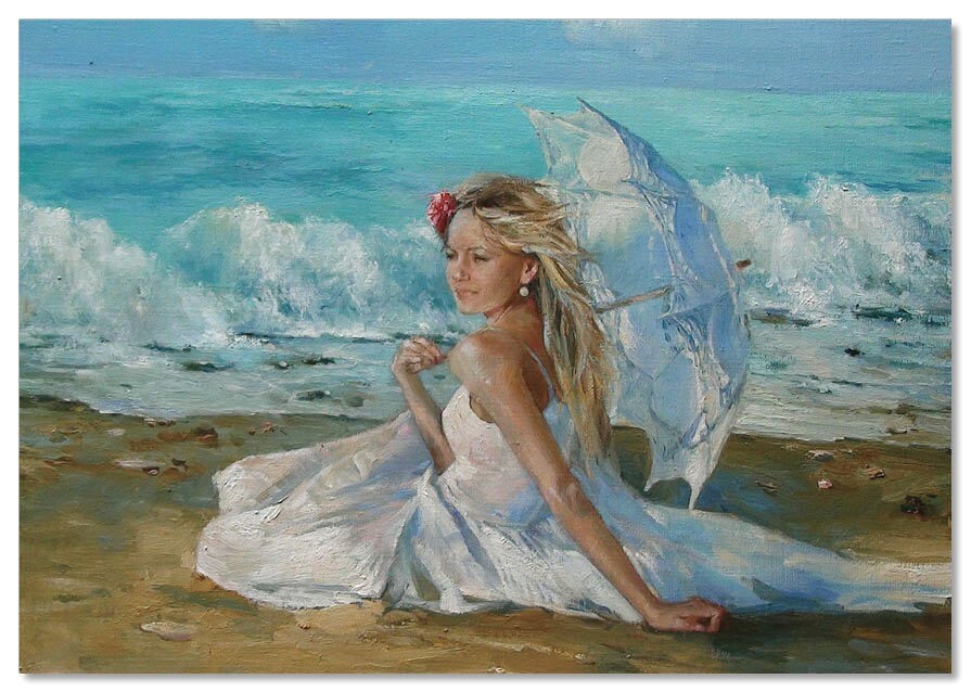YOUNG GIRL with Umbrella On the coast ART Morozova Russian NEW Postcard