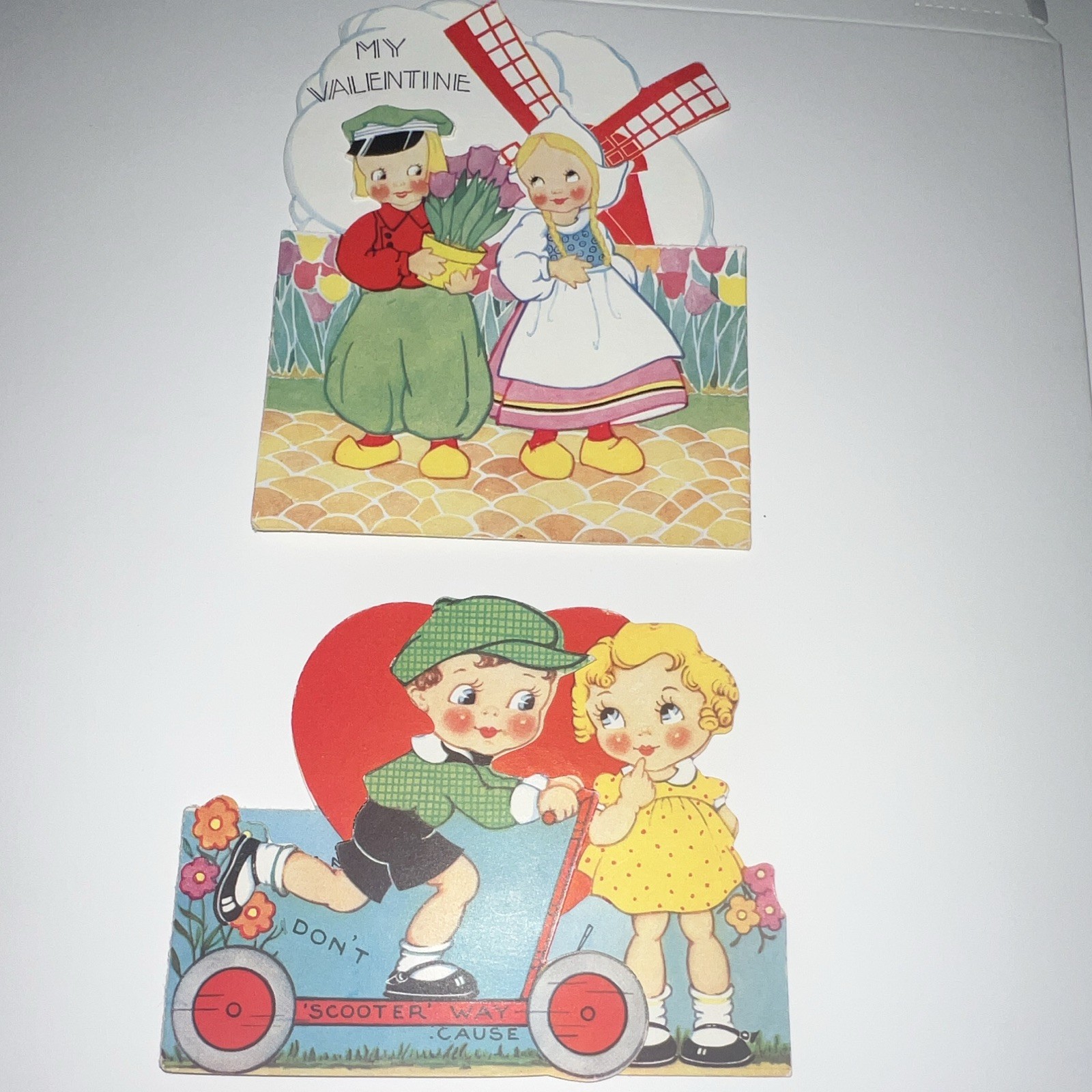 Vintage Valentine’s Day Greeting Cards Lot of 2 Dutch Windmill/Scooter