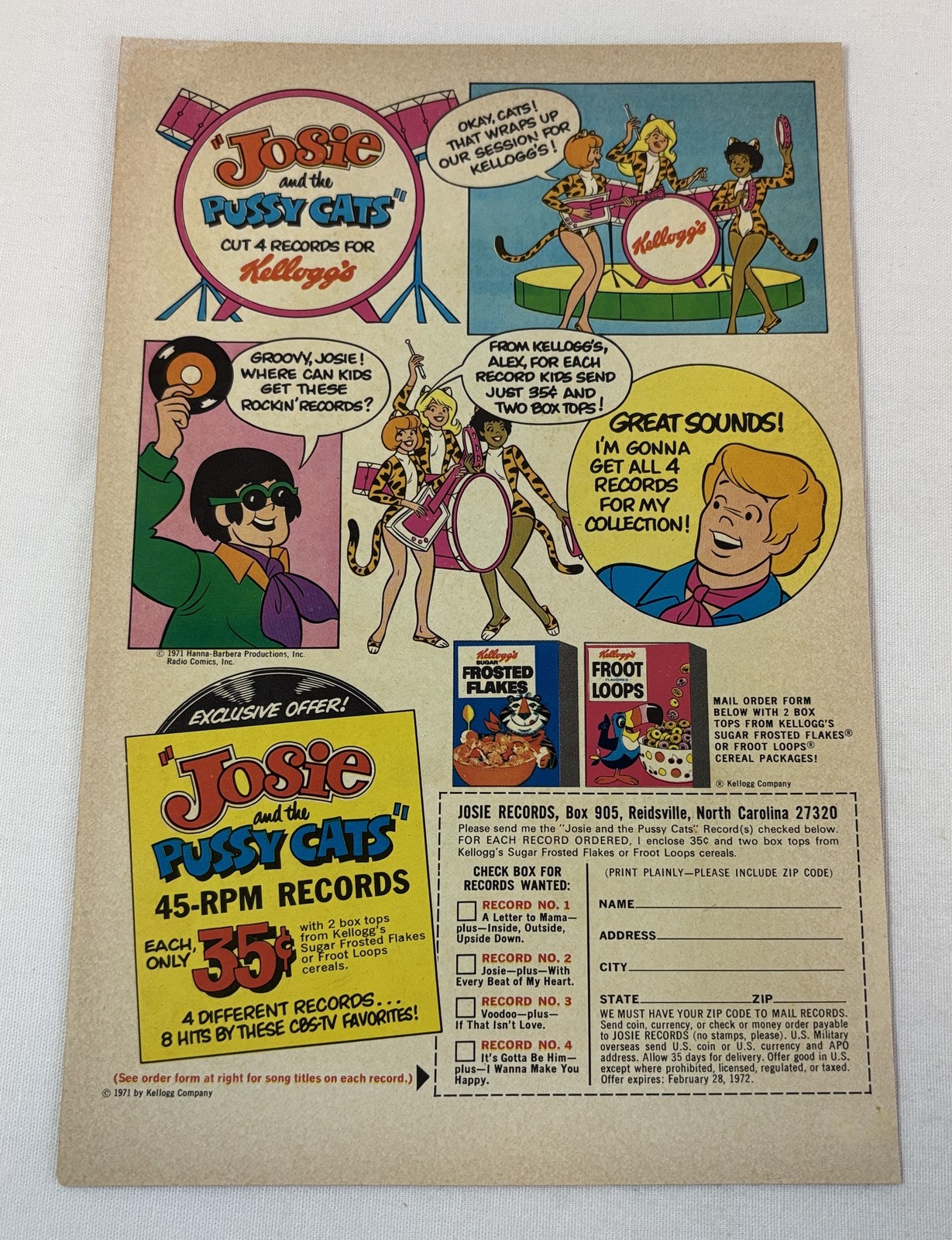 1971 Kellogg\'s cereal premiums ad ~ JOSIE AND THE PUSSYCATS