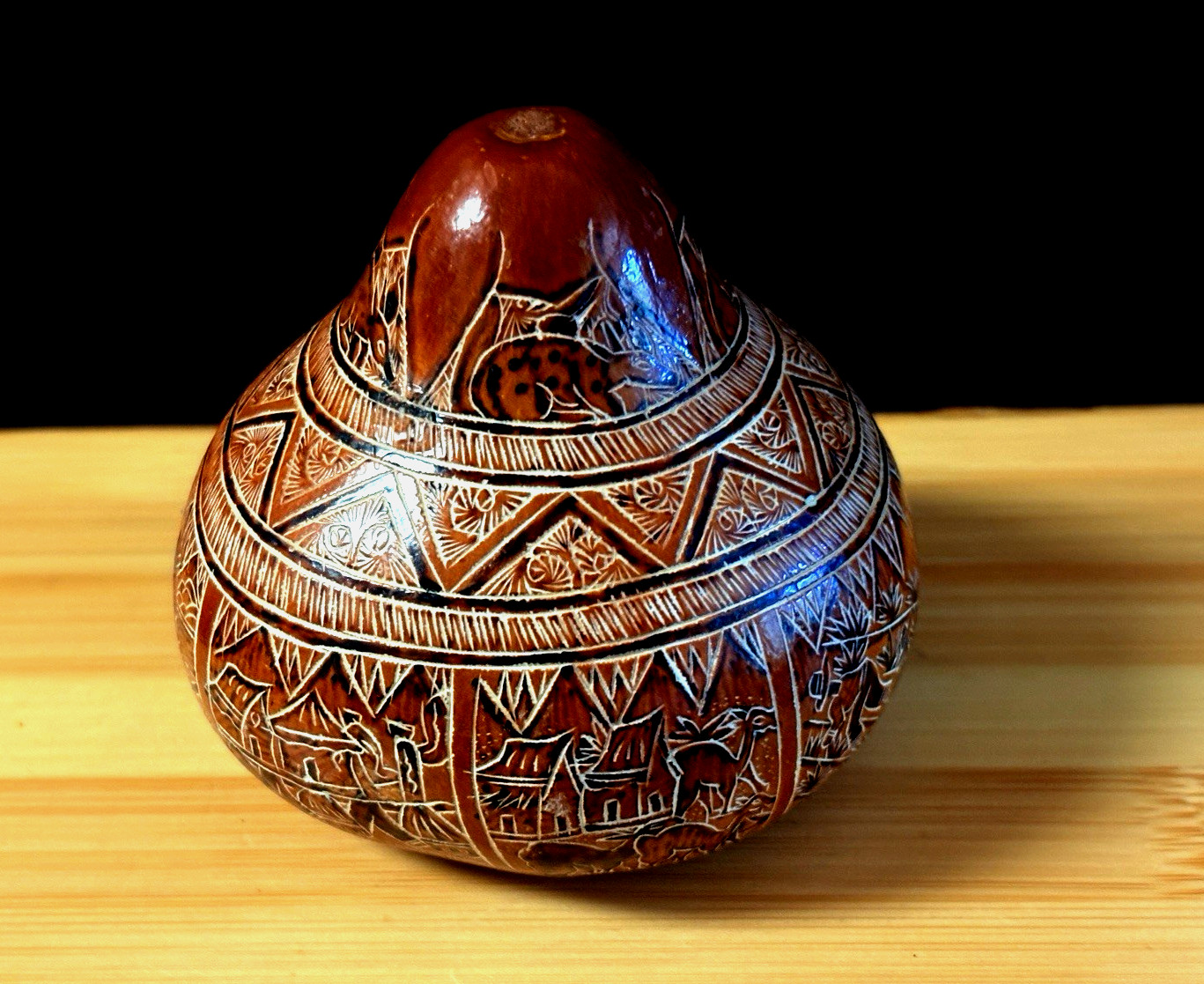 Vintage SIGNED Peruvian Mate Burilado Hand Carved Gourd  Village Life 1999