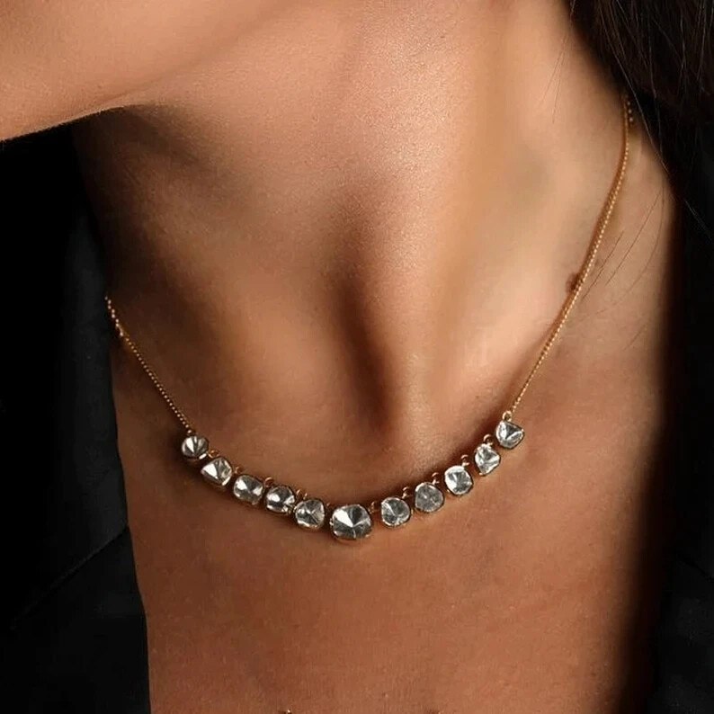 Diamond Polaki Slice Necklace Silver, 925 Sterling Silver Charm Handmade,
