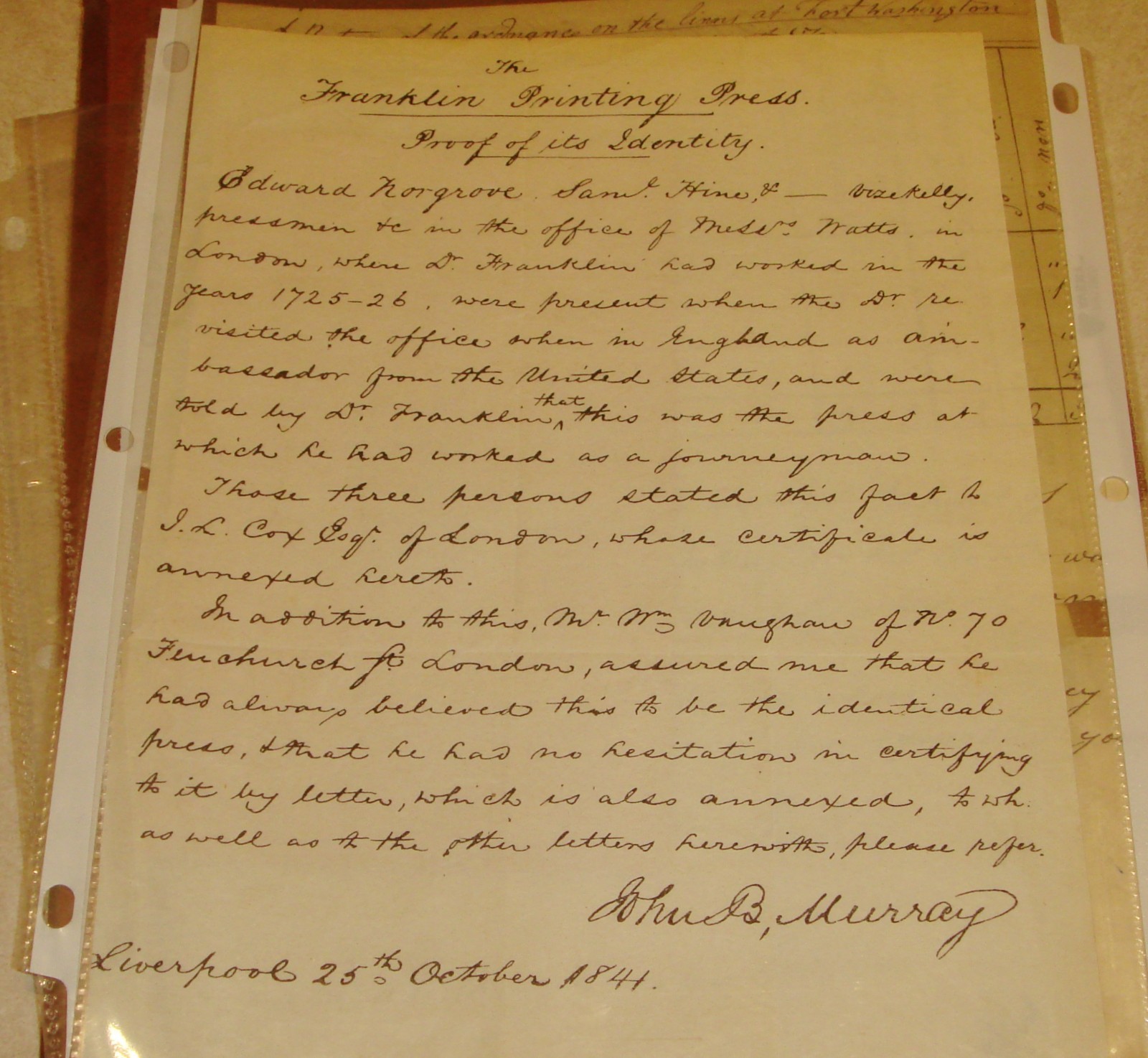 1841 document is about Benjamin Franklin’s printing press