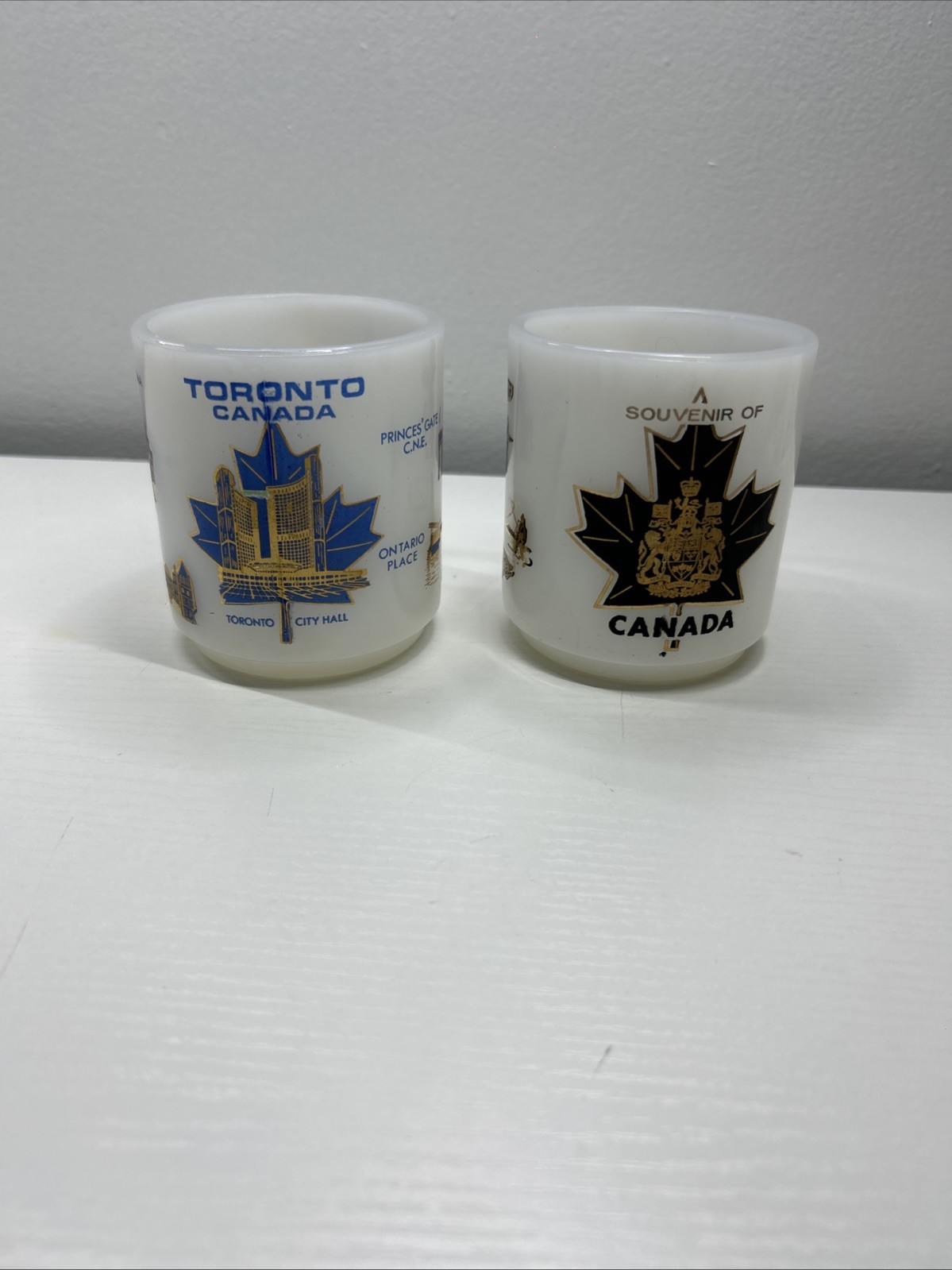 Vintage Souvenir of Canada & Toronto Milk Glass Coffee Mugs Glasbake Maple Leaf Vintage Souvenir of Canada & Toronto Milk Glass Coffee Mugs Glasbake Maple Leaf