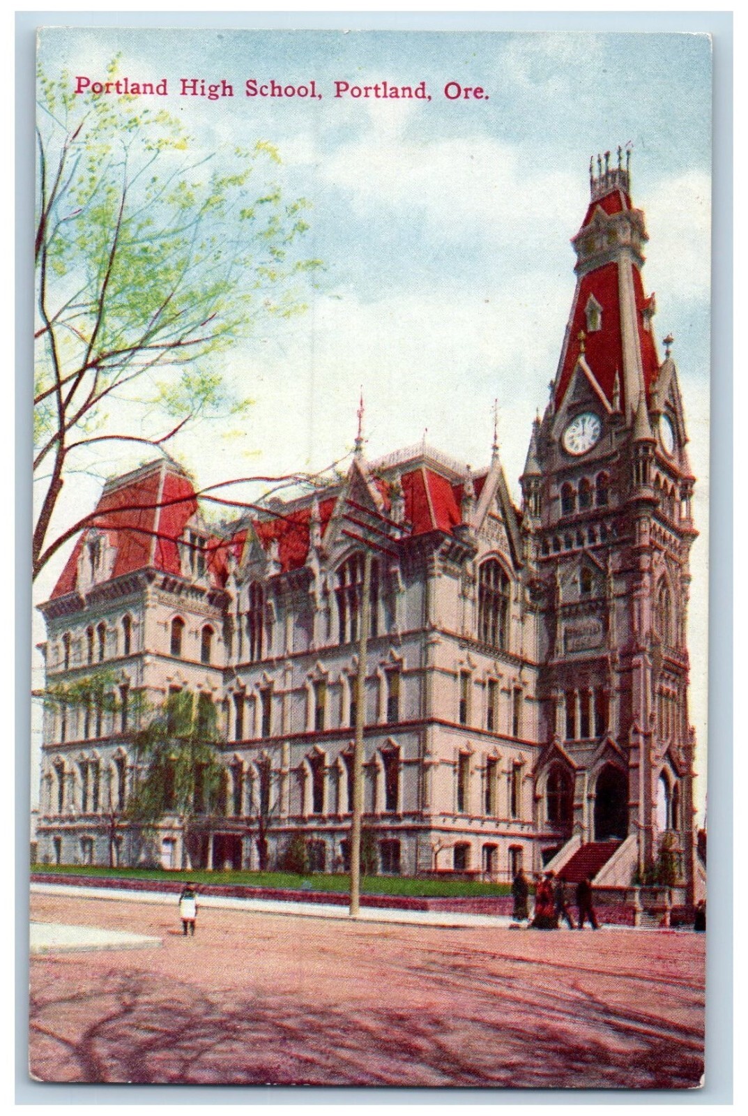 Portland Oregon OR Postcard Portland High School Building Tower Clock c1910\'s