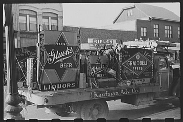 Photo:Little Falls Minnesota 1930s Beer Signs on Truck Gluek\'s Grain Belt