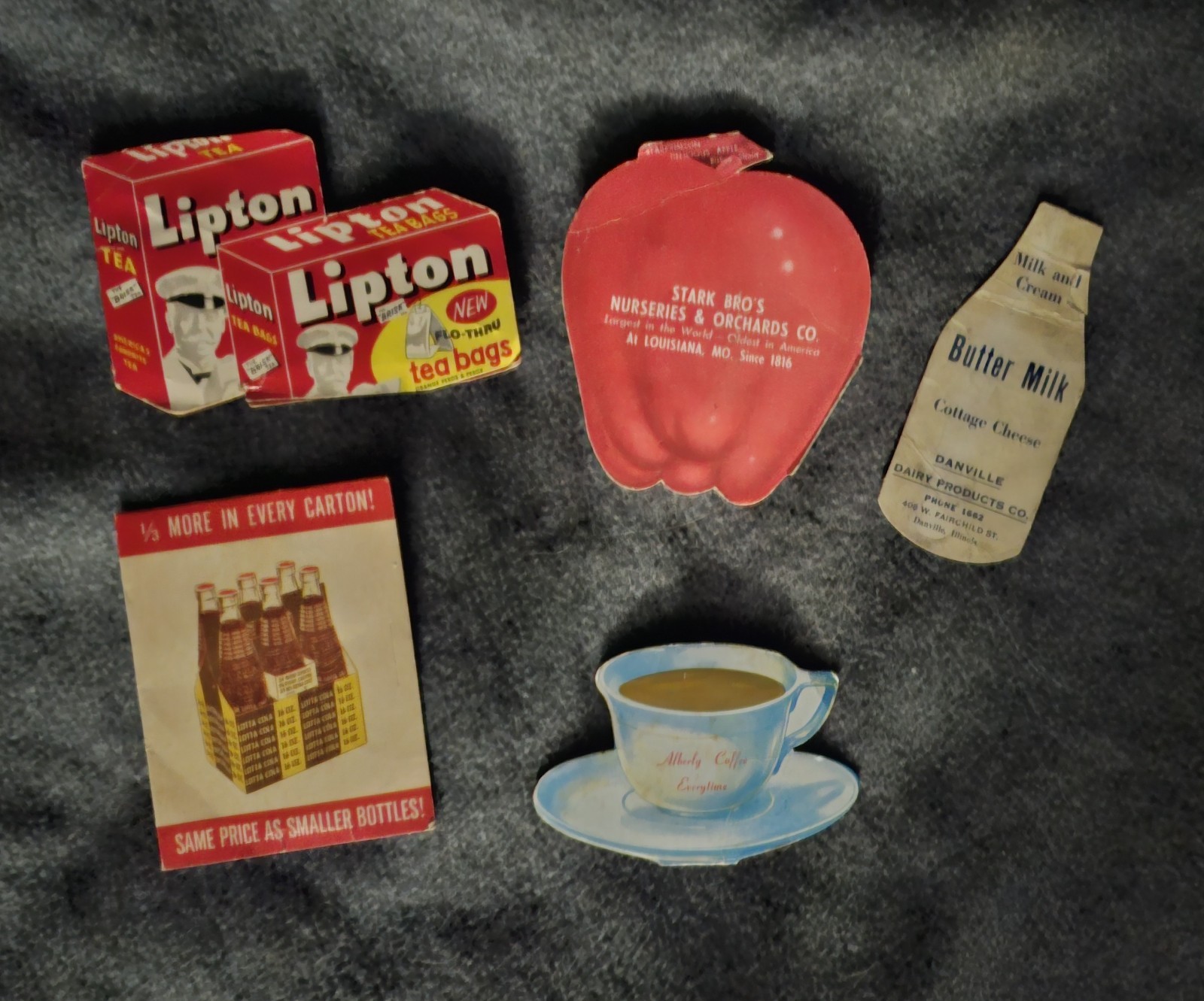 Five Vintage Diecut Needle Cards: Soda-Milk, Tea, Coffee & an Apple
