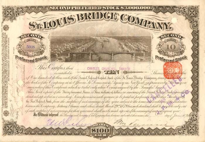 J. Pierpont Morgan Signs St. Louis Bridge Co. - Autographed Stocks & Bonds