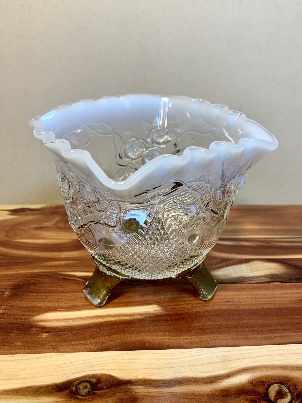 Footed Floral Glass Dish / Bowl Opalescent Ruffled Rim