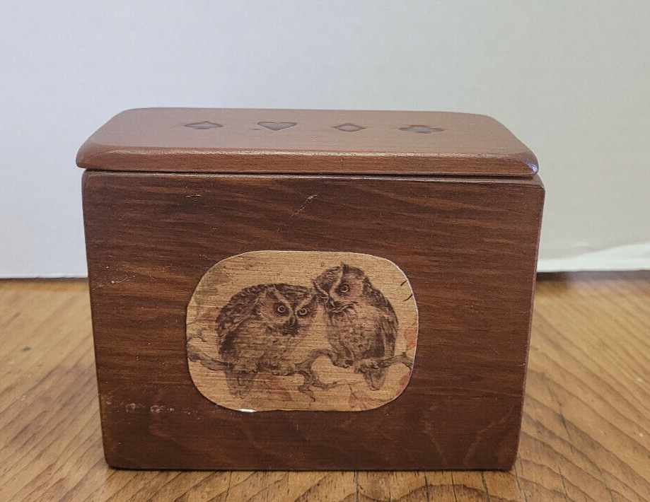 Vintage Handmade Wood Wooden Playing Card Box Case Owl Decopage POKER