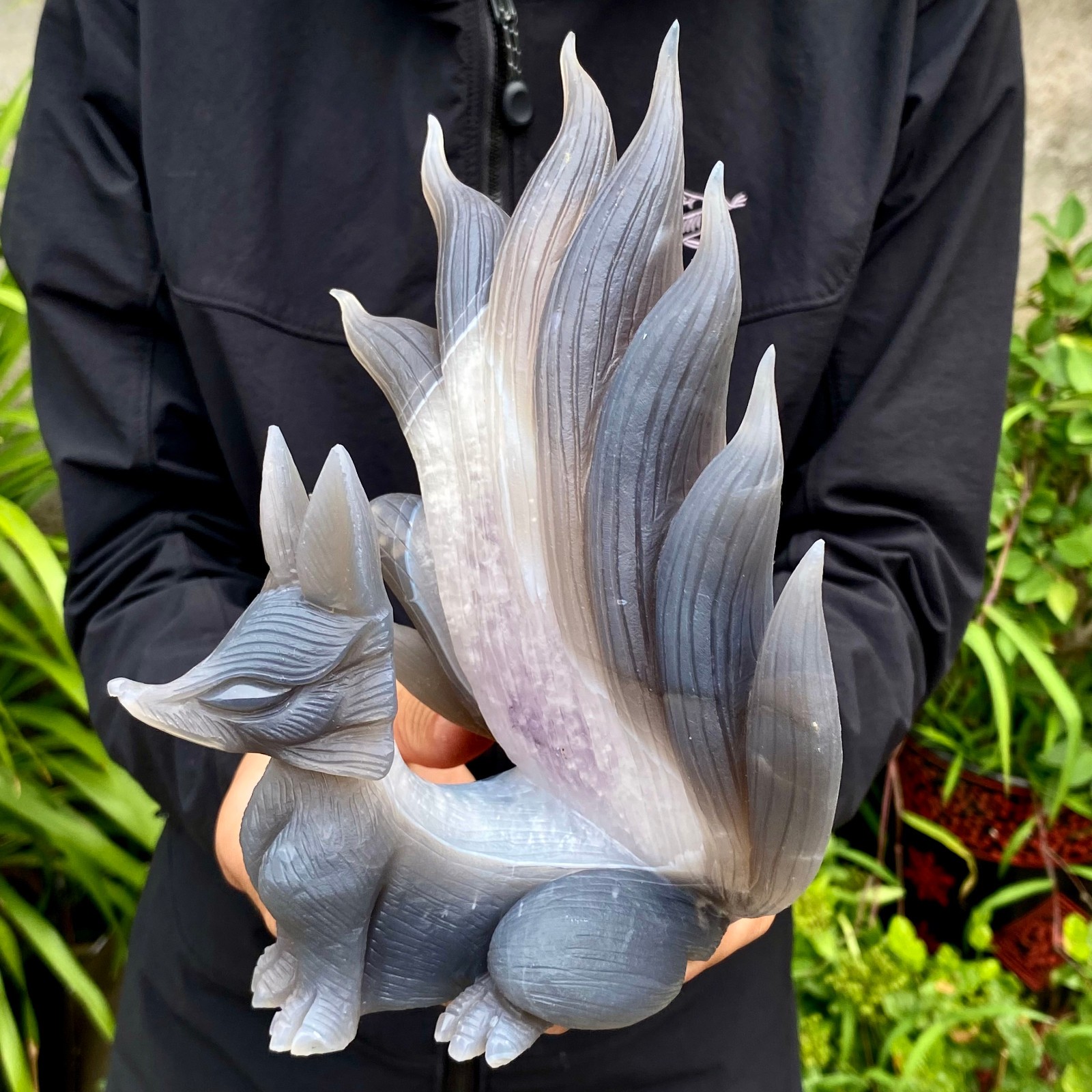 4.05LB Natural Agate Geode Hand Carved Nine-tailed Fox Quartz Crystal Decor