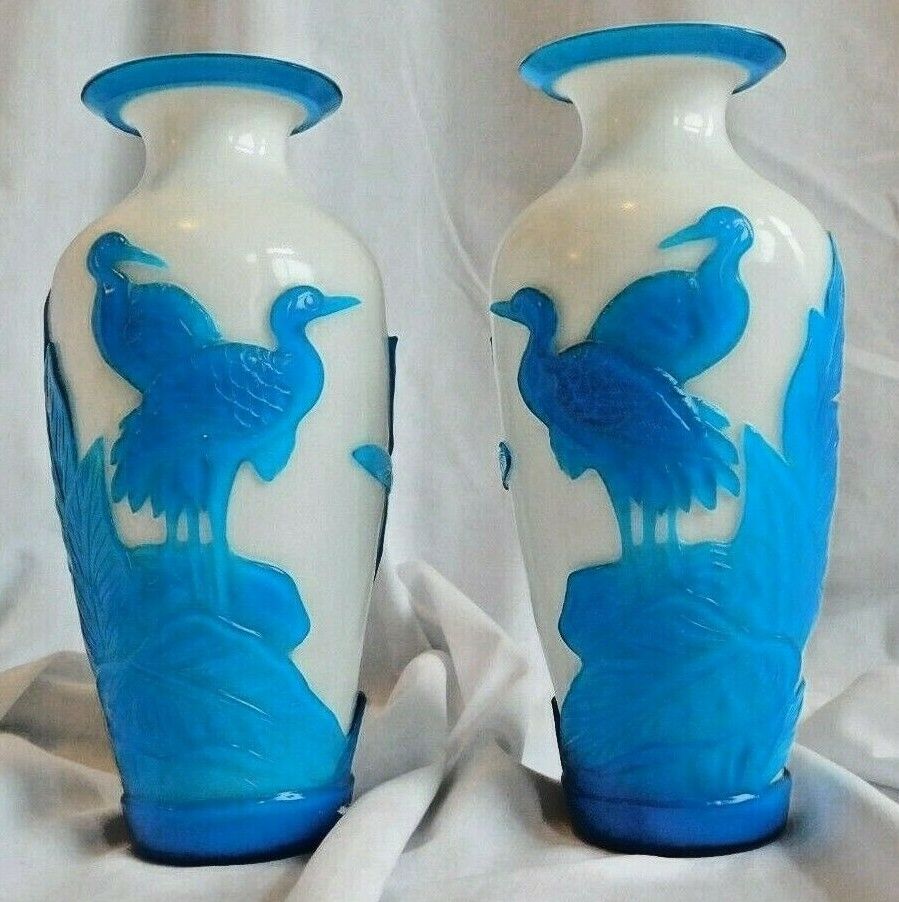 Pair Collectable Vintage Handmade  Chinese Peking White Turquoise Glass Vases V2