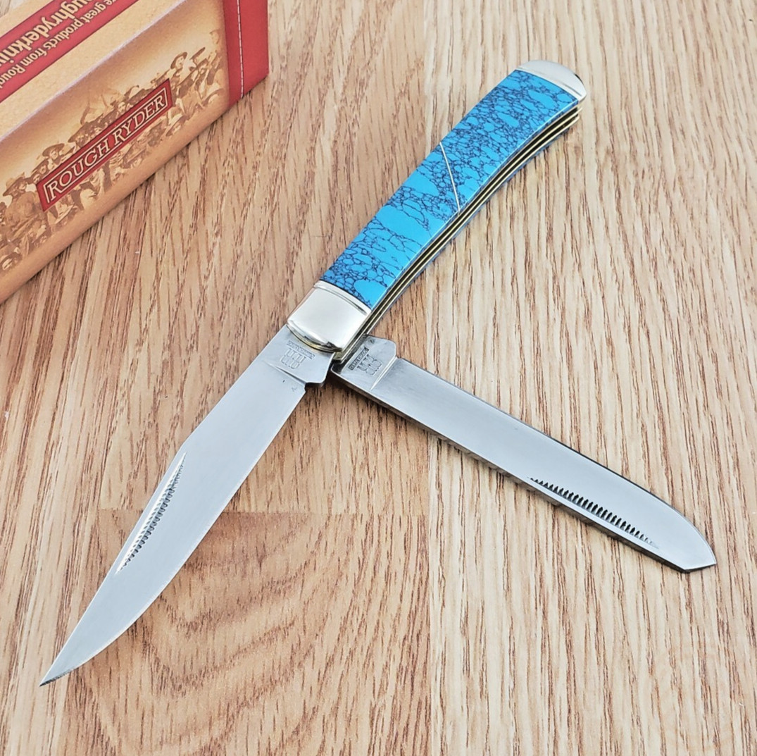 Rough Ryder Trapper Pocket Knife 440A Steel Blades Imitation Turquoise Handle