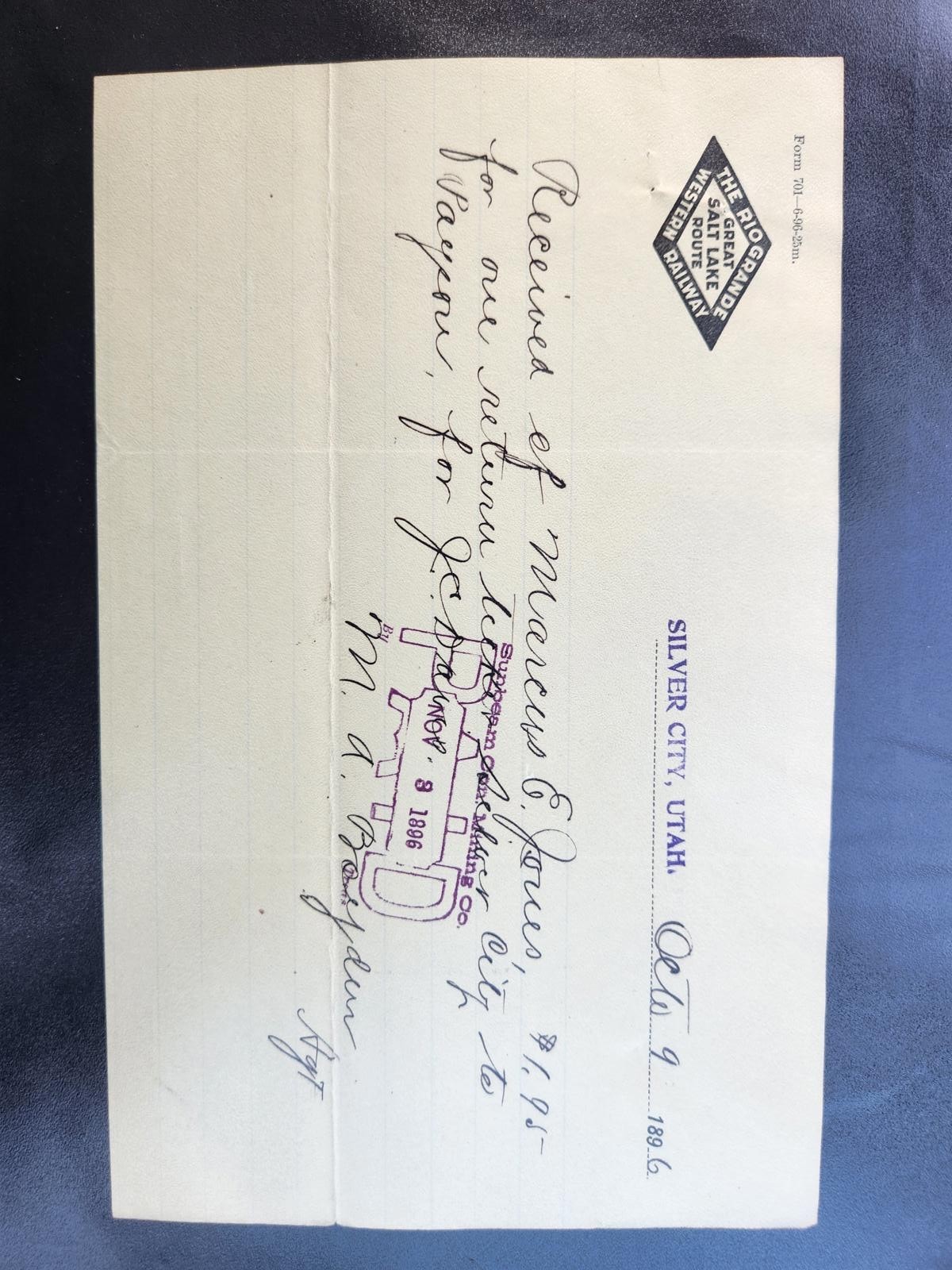 Vintage 1906 Rio Grande Southern Railroad Receipt - Collectible Historical Memor