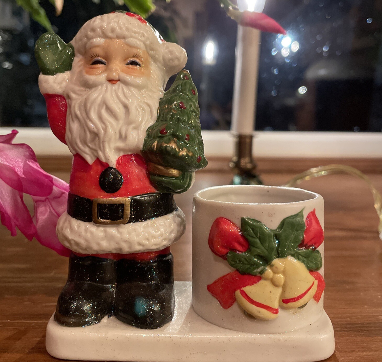 Vintage Christmas Santa Claus & Tree Ceramic Small Planter