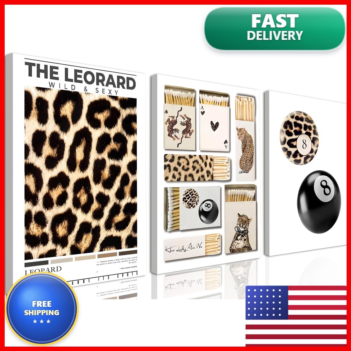 Hwetui Framed Trendy Leopard Canvas Wall Art Set 3, Preppy Cheetah Lucky 8 Ball Hwetui Framed Trendy Leopard Canvas Wall Art Set 3, Preppy Cheetah Lucky 8 Ball