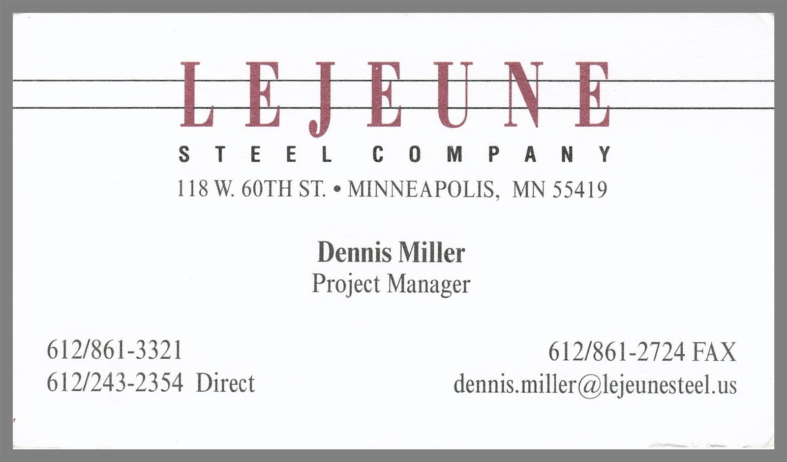 Lejeune Steel Company Dennis Miller Minneapolis MN Vintage Business Card Lejeune Steel Company Dennis Miller Minneapolis MN Vintage Business Card