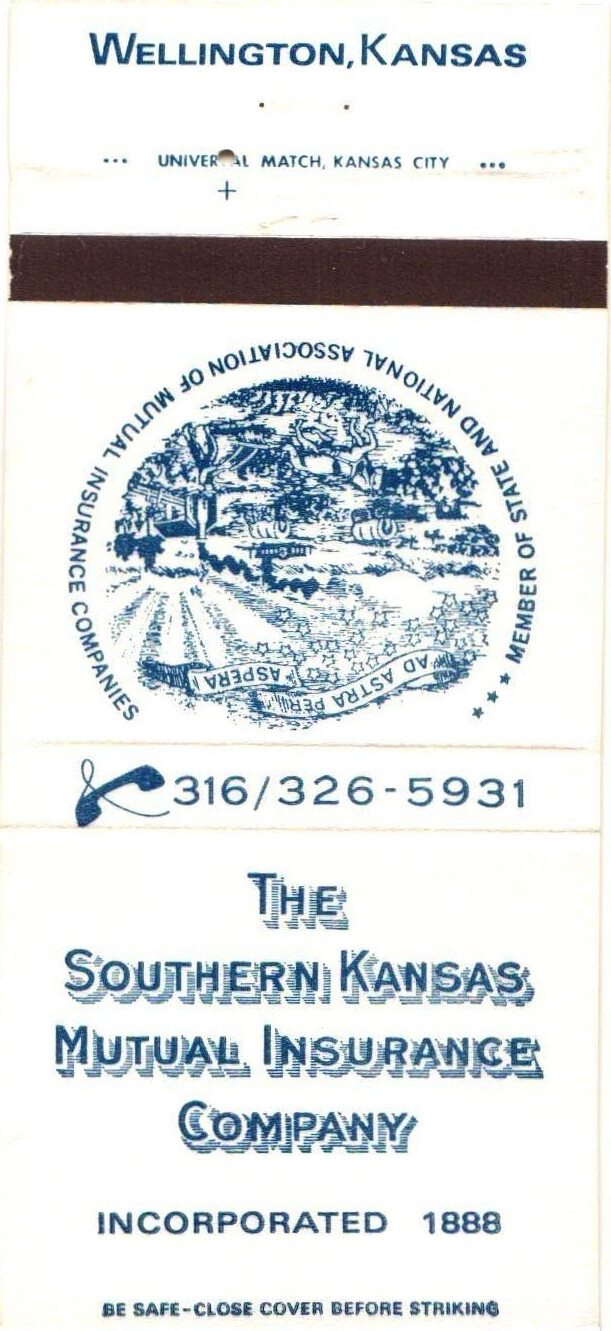 Southern Kansas Mutual Insurance Co Wellington KS Vintage Matchbook Cover 1970s