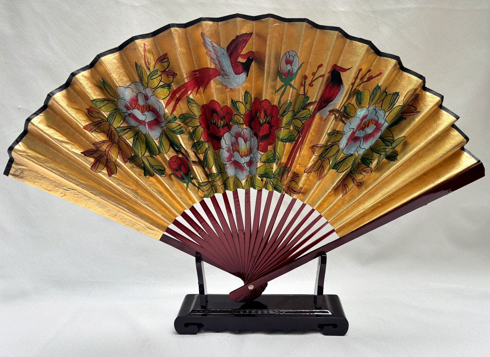 Vintage Chinese Hand Painted Gold Wall Fan Birds Peonies 16” Stand Original Box