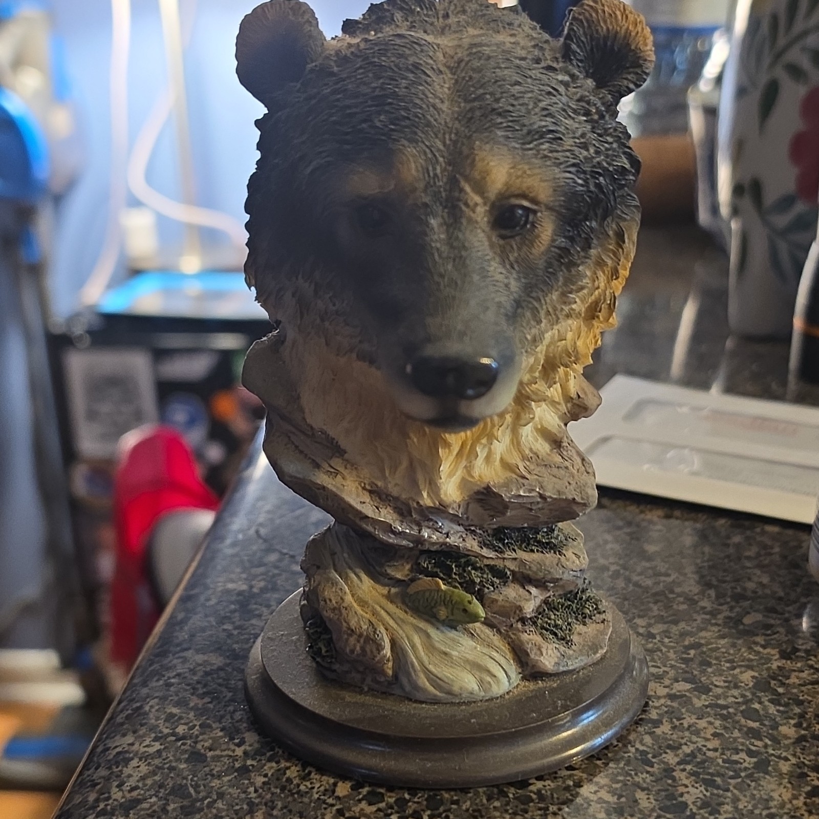Bear Head Bust Figurine Sculpture Statue on Round Base Display Stand