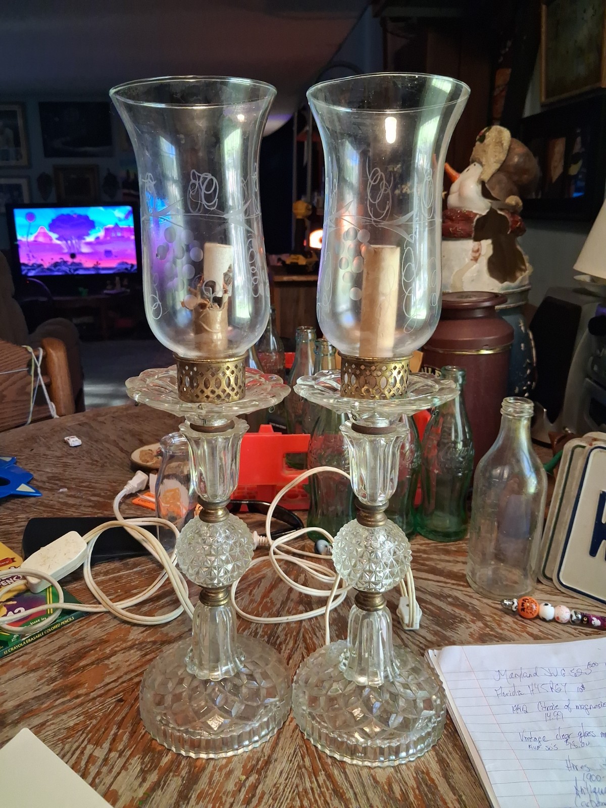 Pair Of Vintage Clear Pressed Glass Boudior Lamps With Etched Grape Hurricane...