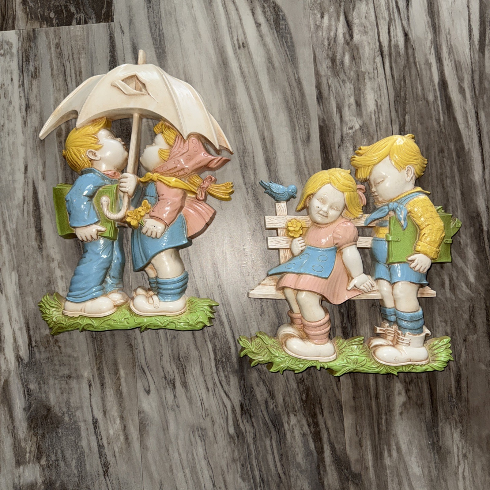 Vintage Dart Homco Set Of 2 Springtime Kids Resin Wall Art 1977 Pastel Boy Girl