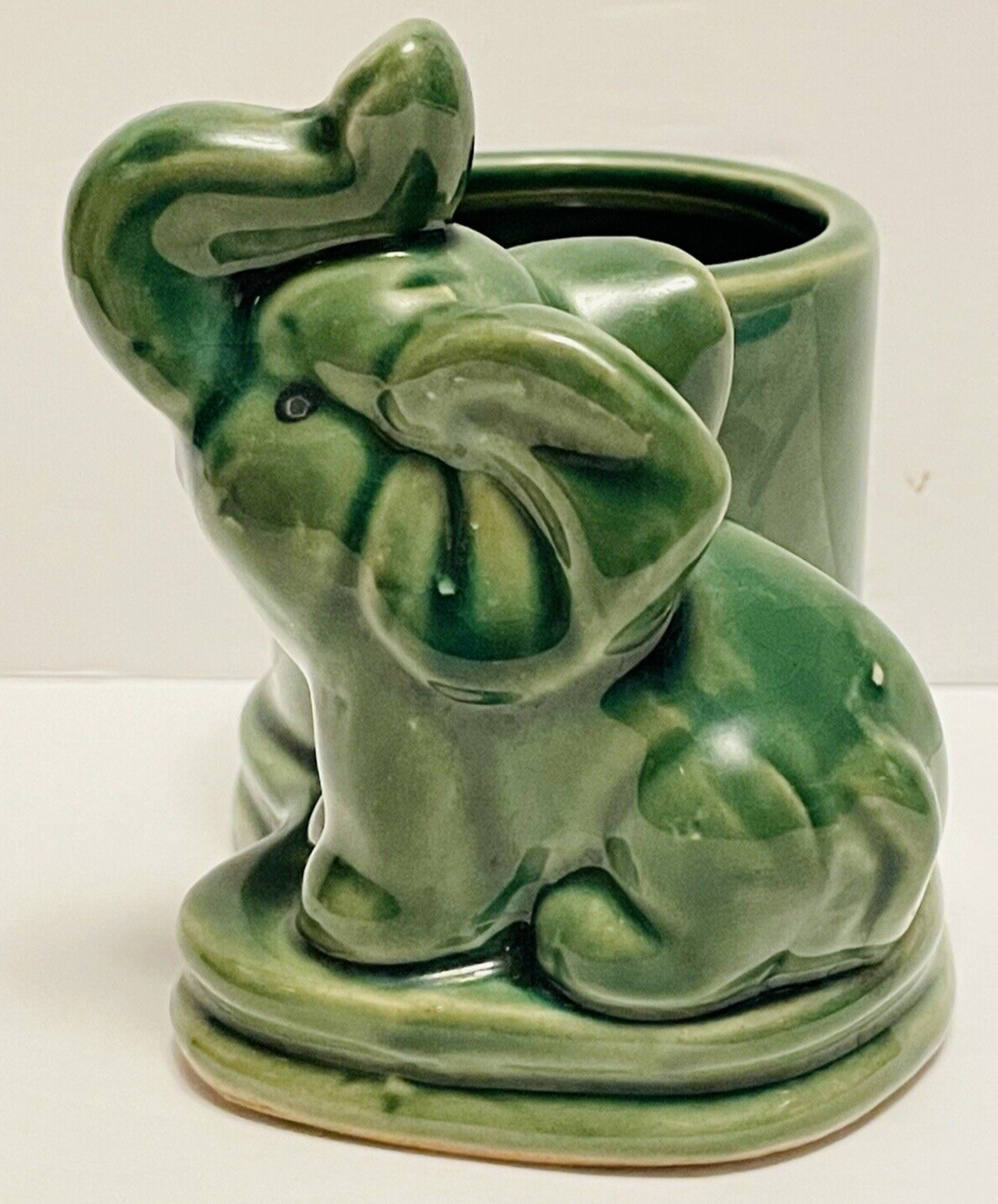 Vintage Majolica Green Elephant Planter MCM Lucky Trunk Up 3.75” long