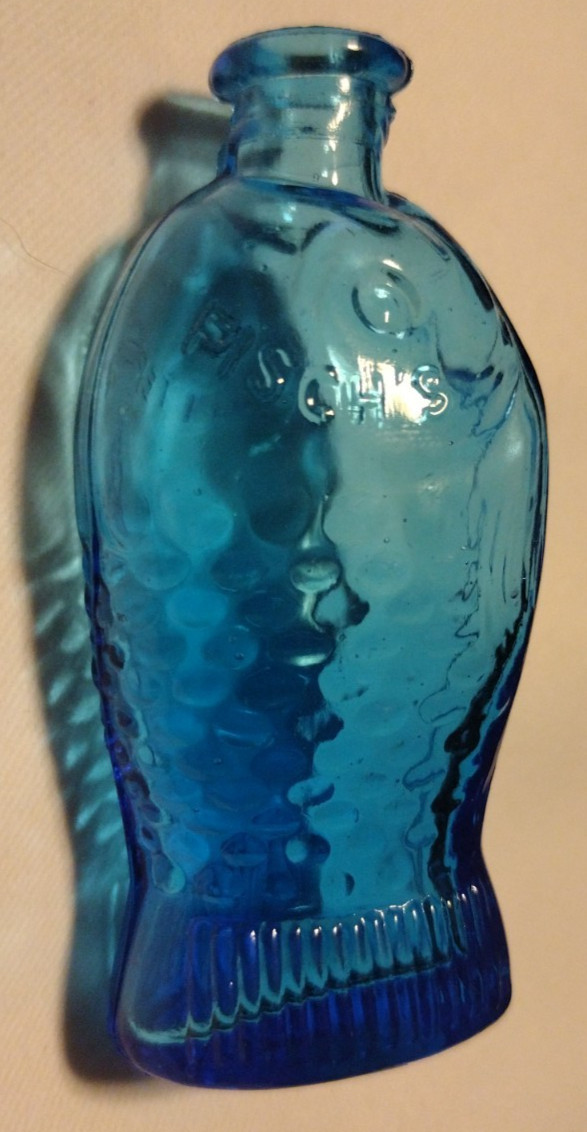 Vintage Blue 3” Fisch's Bitters Fish Glass Bottle Nautical Theme B2