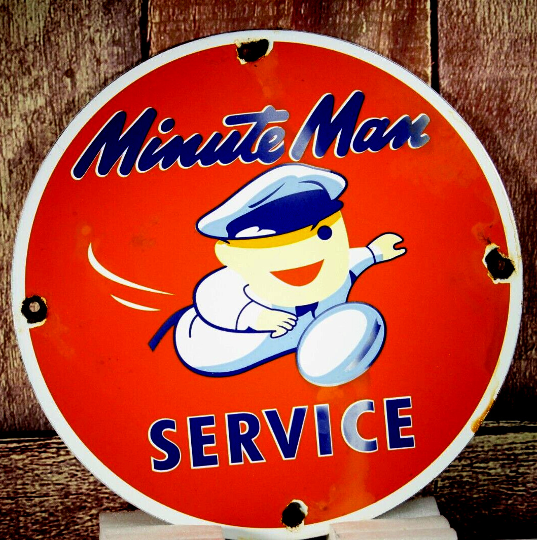 MINUTE MAN SERVICE SIGN PORCELAIN COLLECTIBLE, RUSTIC, ADVERTISING