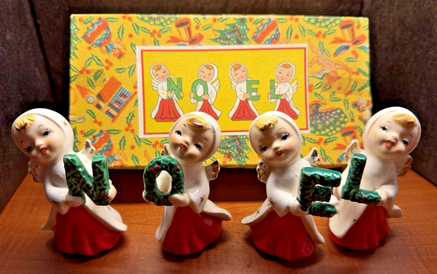 VIntage NOEL Holly Norcrest Japan Christmas Candleholder Girls 1950s Figurines