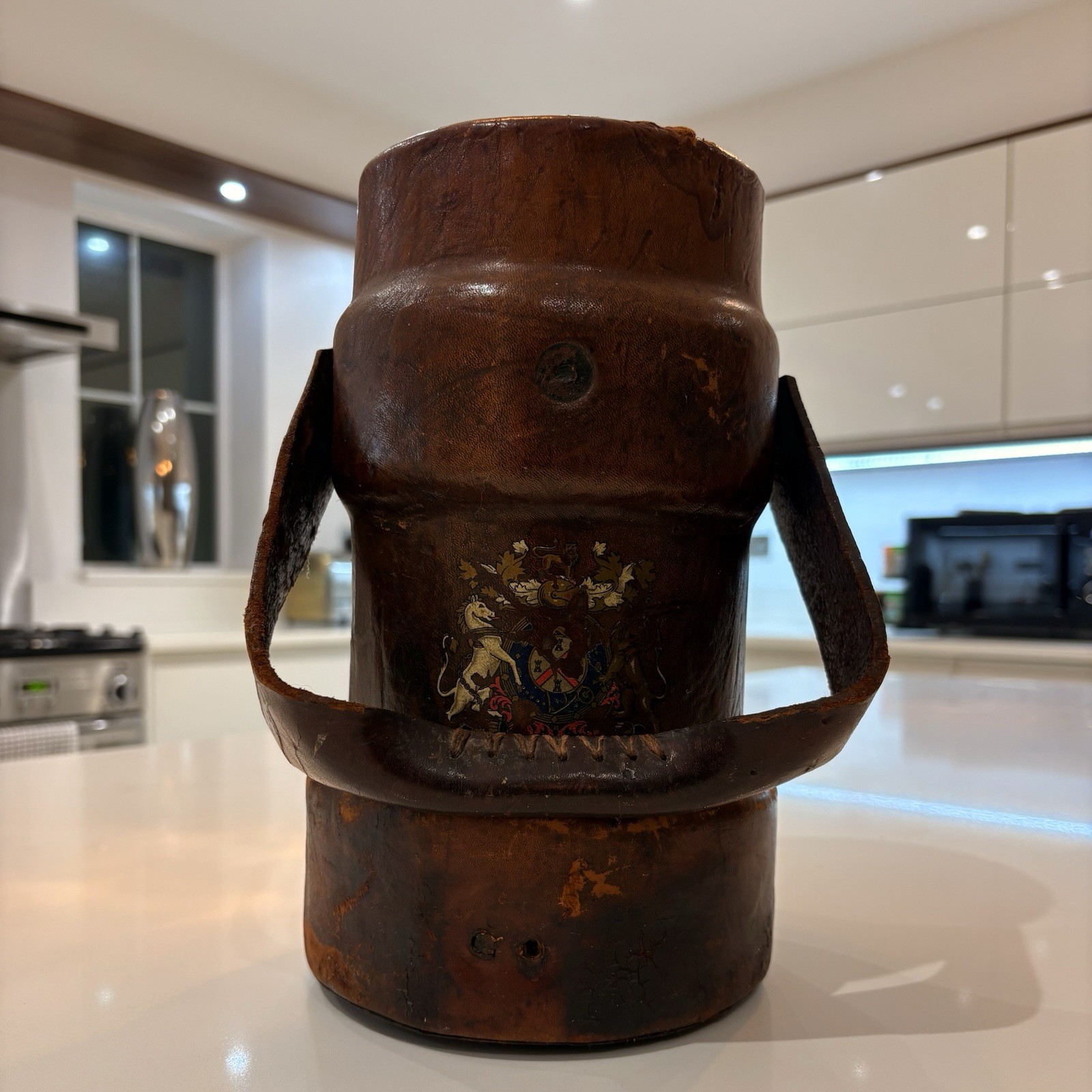 WW11 British Military Royal Navy Leather Cordite Carrier With Armorial Crest WW11 British Military Royal Navy Leather Cordite Carrier With Armorial Crest