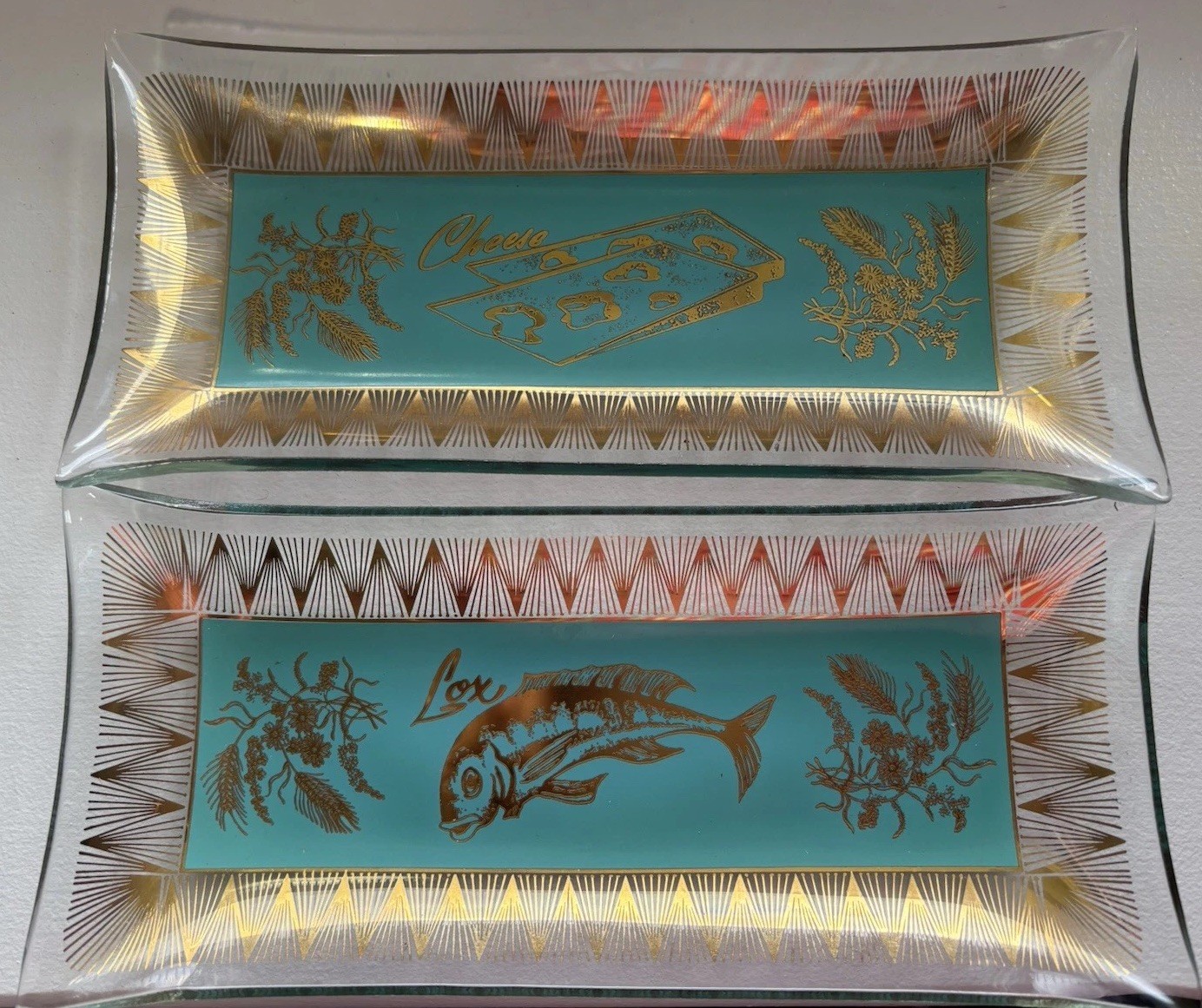 Vintage Mid-Century Modern Serving Plates Lox & Cheese Trays Gold Turquoise EUC