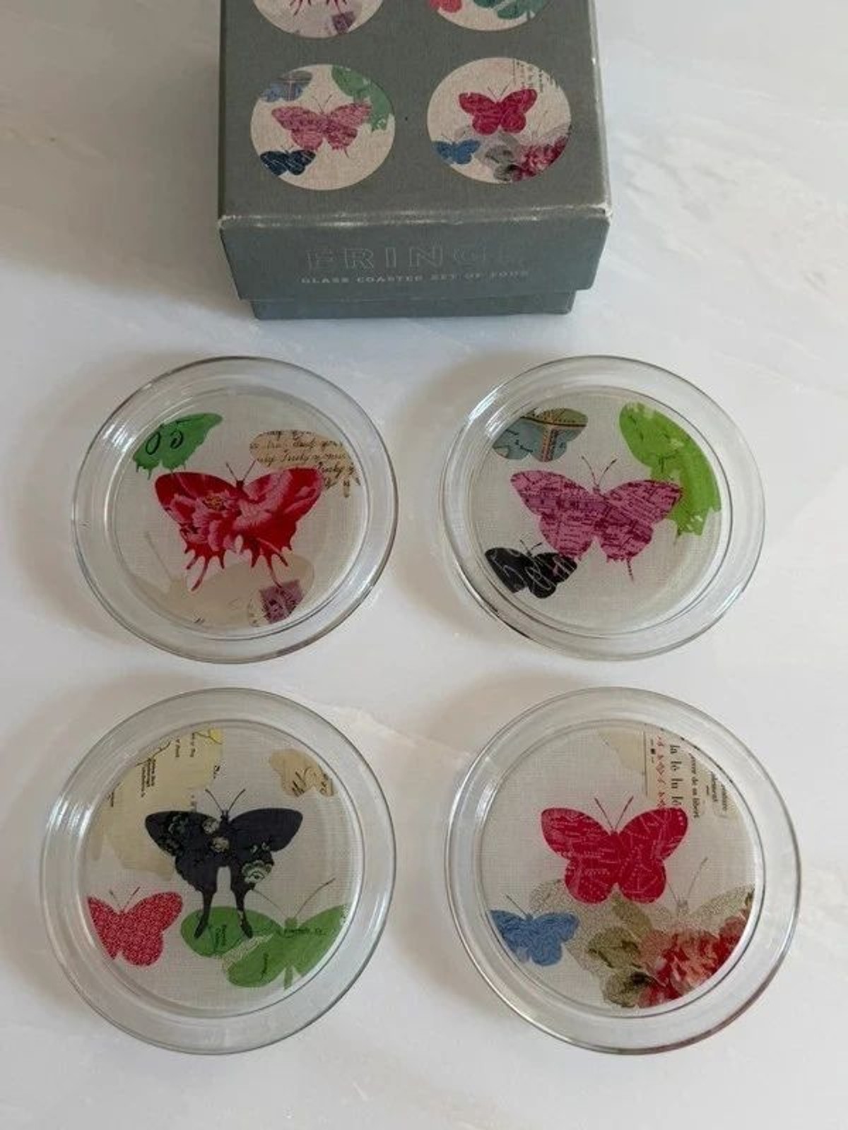 Fringe Studio glass botanical butterfly coasters set