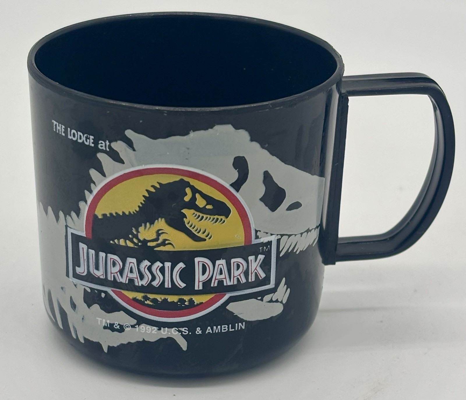 Vintage 1992 The Lodge at Jurassic Park Black Plastic Mug Cup UCS Amblin EUC