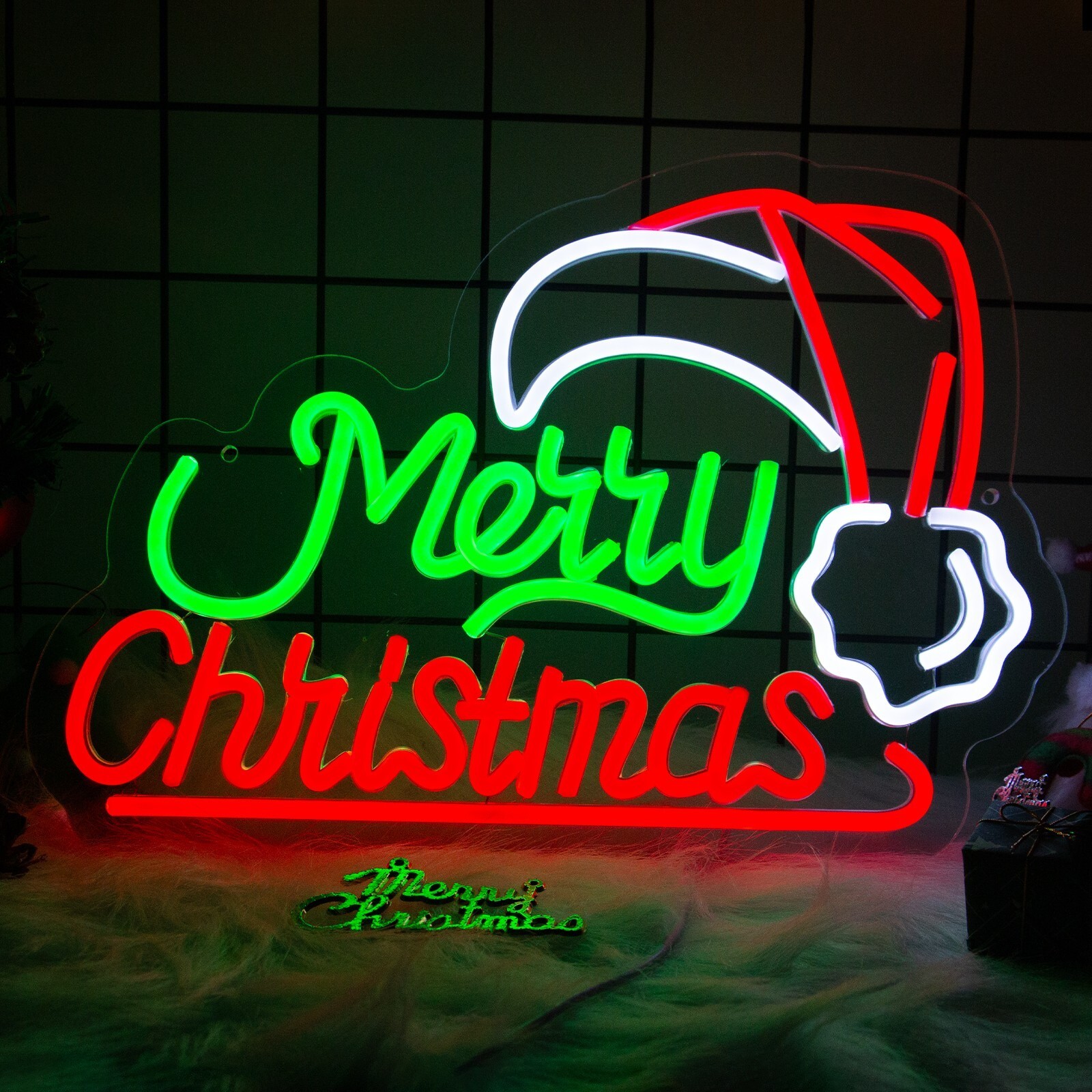Merry Christmas Neon Sign Dimmable LED Light with Hat Party Pub Xmas Day Decor