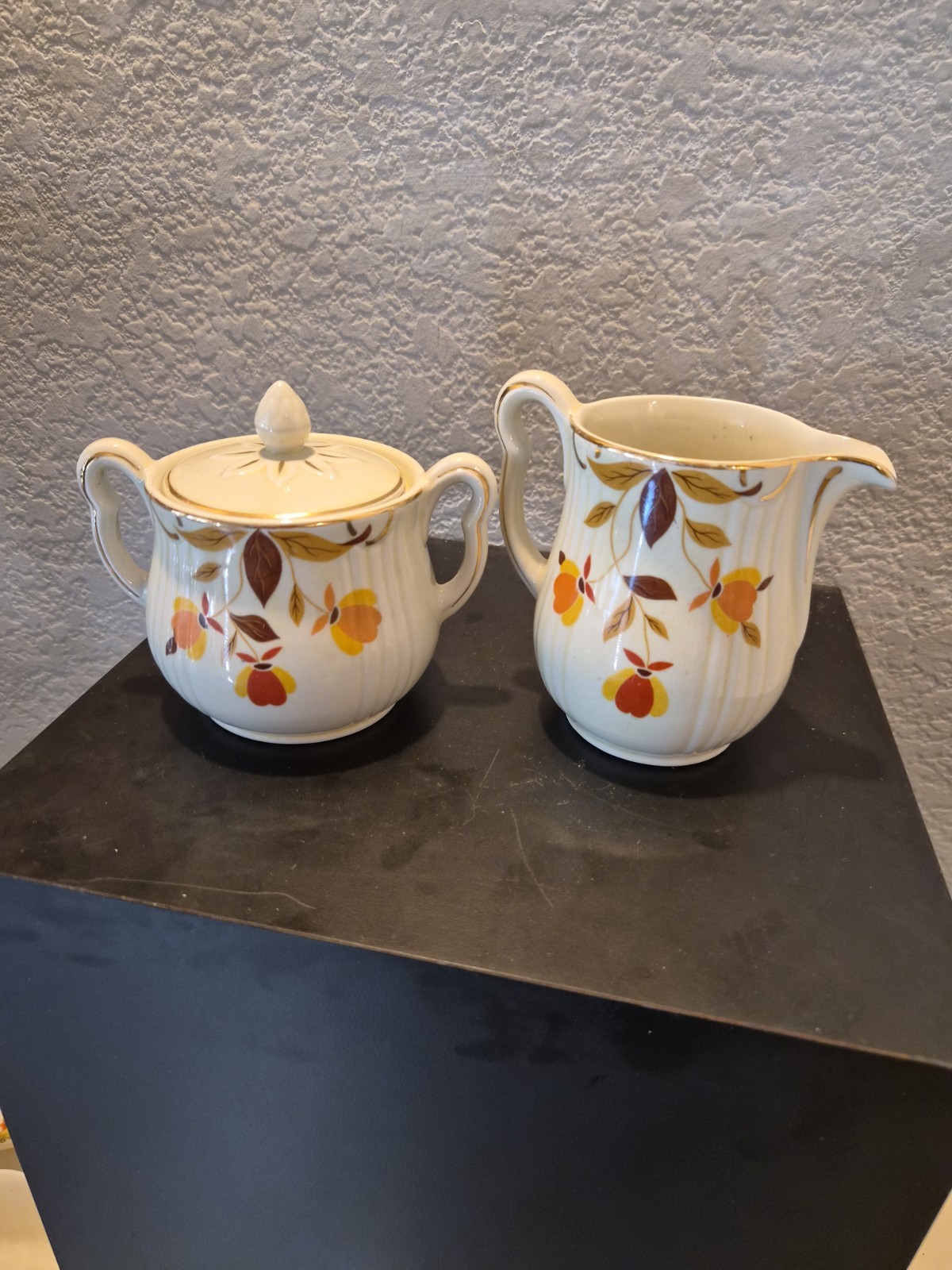 Vintage Hall China For Jewel Tea, Autumn Leaf, Mary Dunbar Cream/Sugar, ca. 1938 Vintage Hall China For Jewel Tea, Autumn Leaf, Mary Dunbar Cream/Sugar, ca. 1938