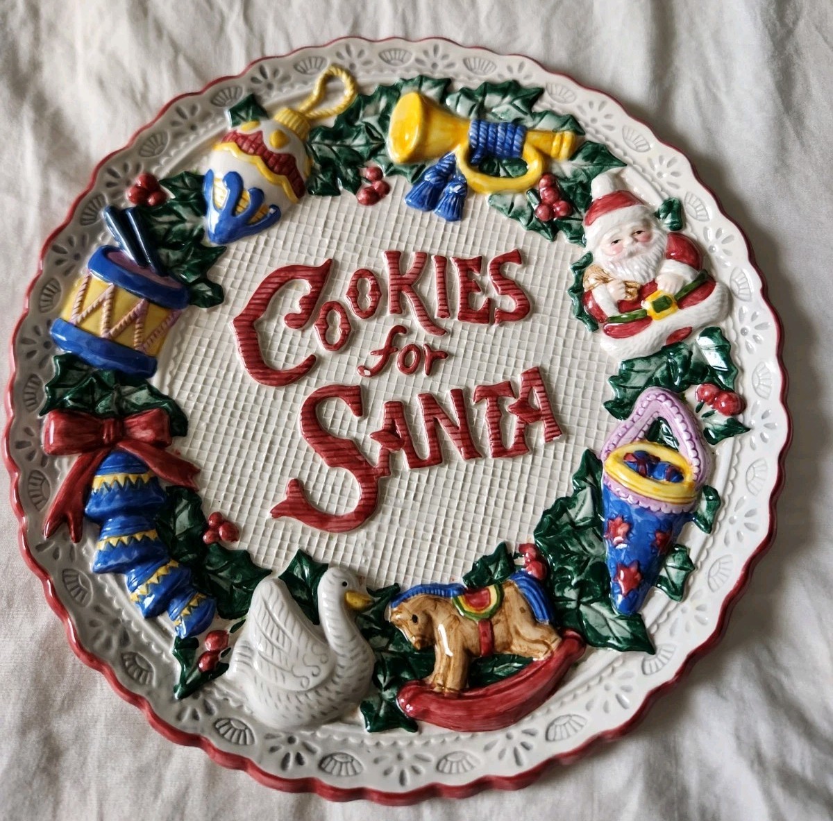 Vintage 1995 Fitz Floyd Omnibus Hand Painted Cookies For Santa 3D Ceramic Plate 