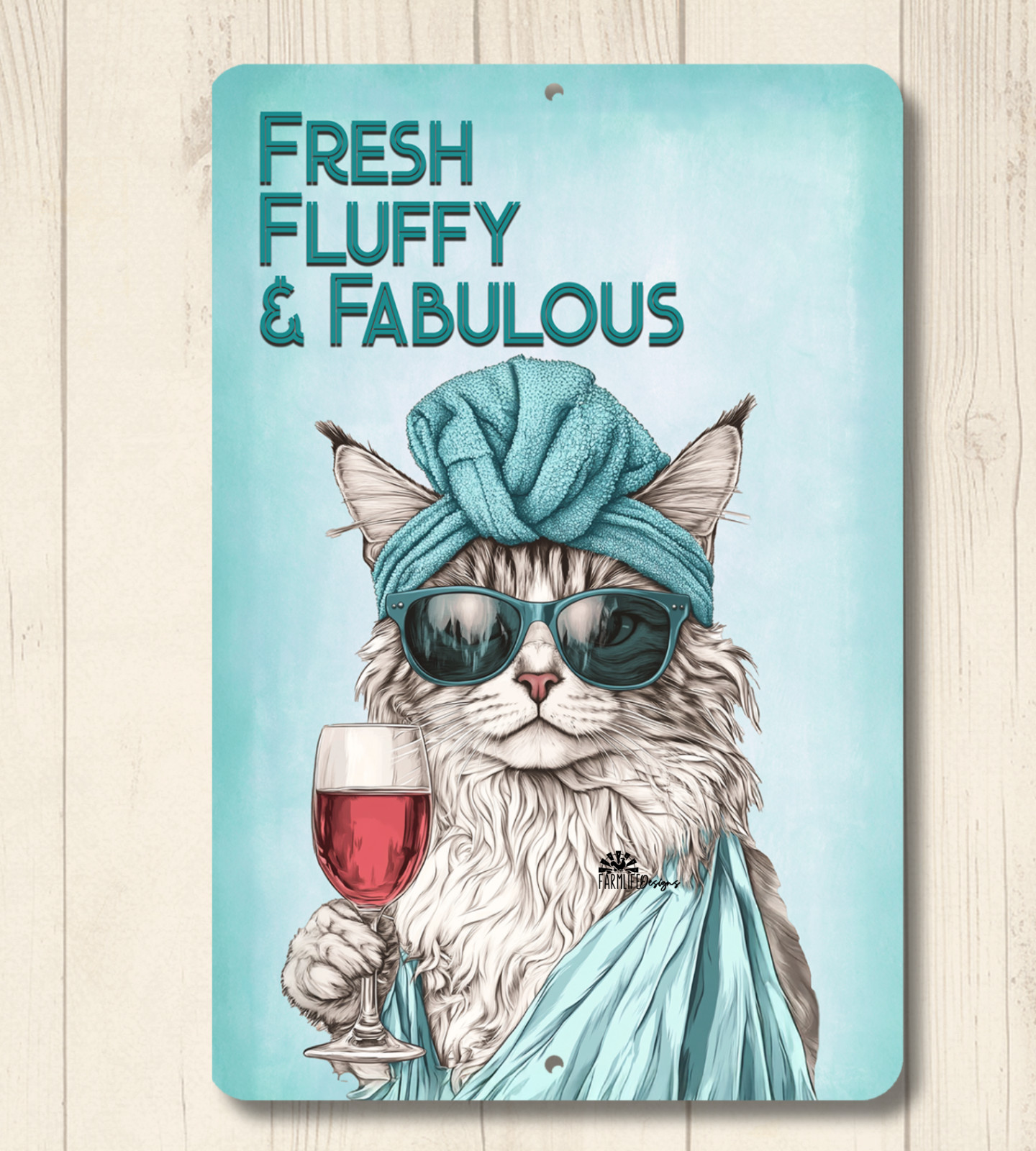 Funny Maine Coon Cat Spa Sign Fresh Fluffy Fabulous Bathroom Wall Art Wine metal