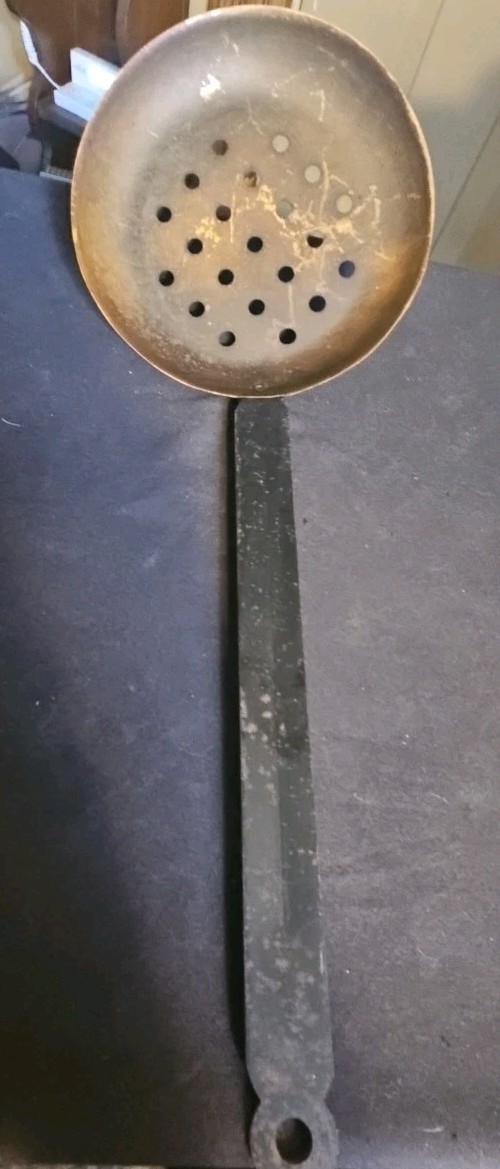 Vintage Copper Strainer/Skimmer W/Black Iron Handle W/Some Rust & Missing Paint