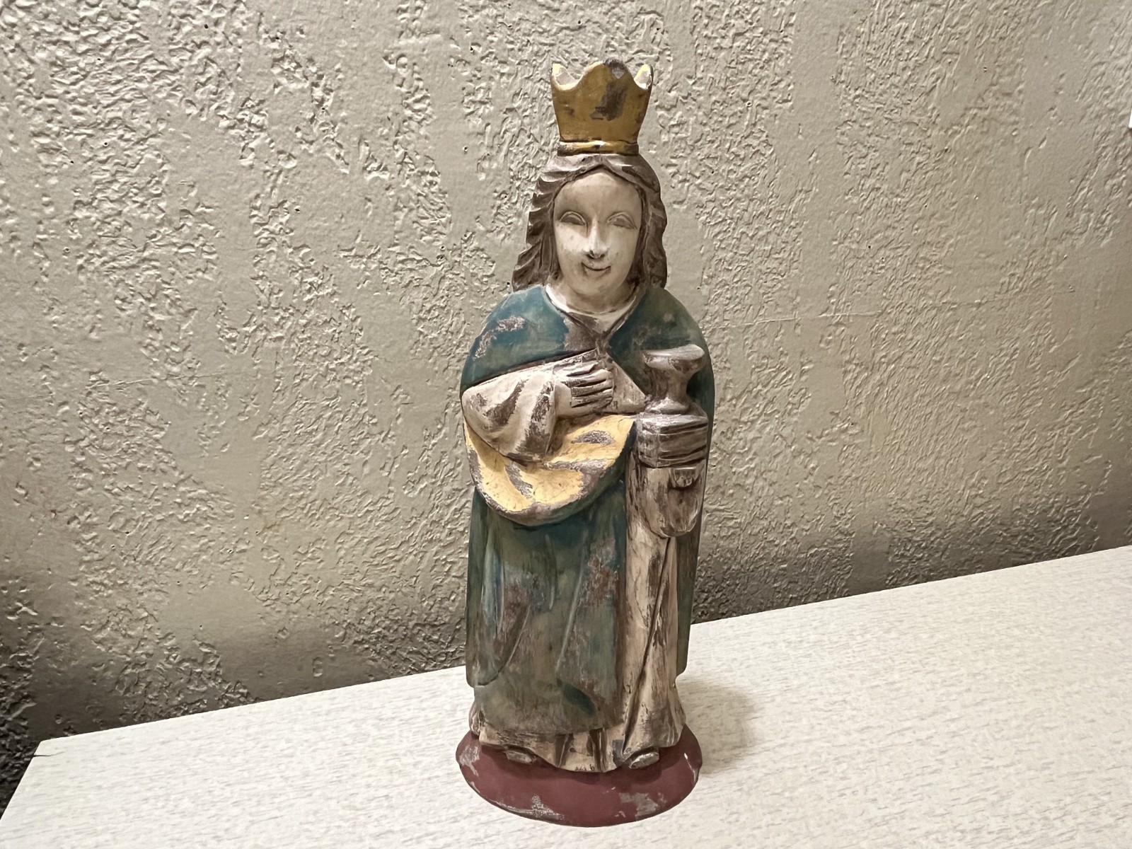 Vtg St Barbara Hand Carved Painted Flat Back Figurine  Patron Saint Wall Hang