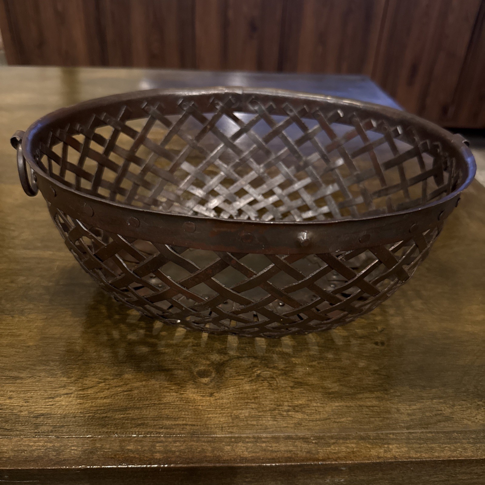 Vintage Heavy Woven Wrought Iron Fruit Basket Rustic Metal Lattice Bowl
